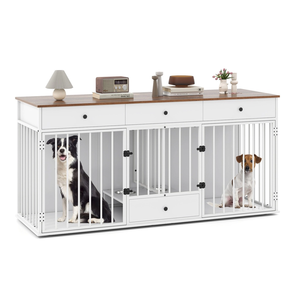 SUGIFT 71 in Dog Crate Furniture White Double Kennel with Divider 3 Drawers and Pull-out Feeder