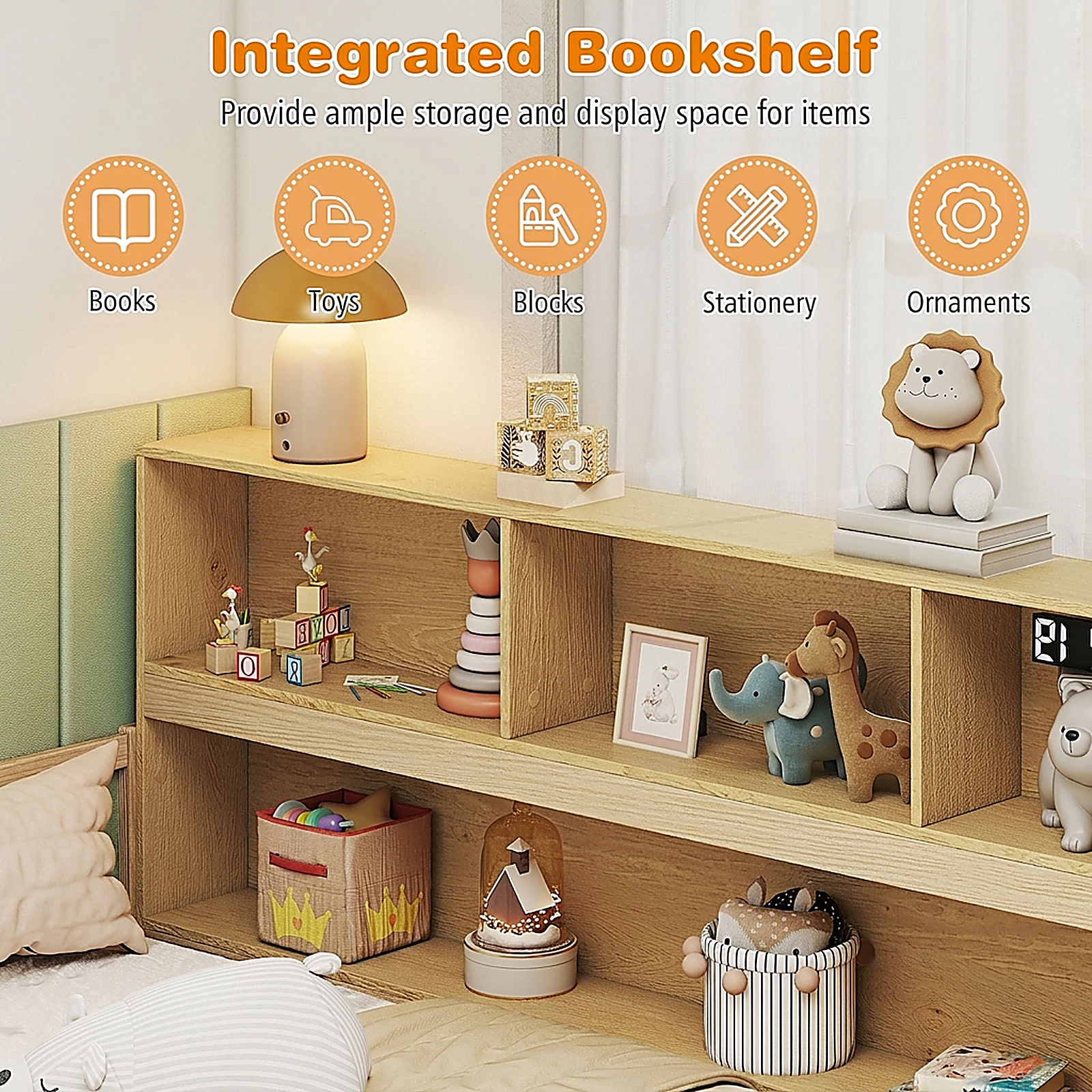 SUGIFT Integrated Bookcase and Full-Length Guardrails Pine Wood Full Kids Montessori Floor Bed