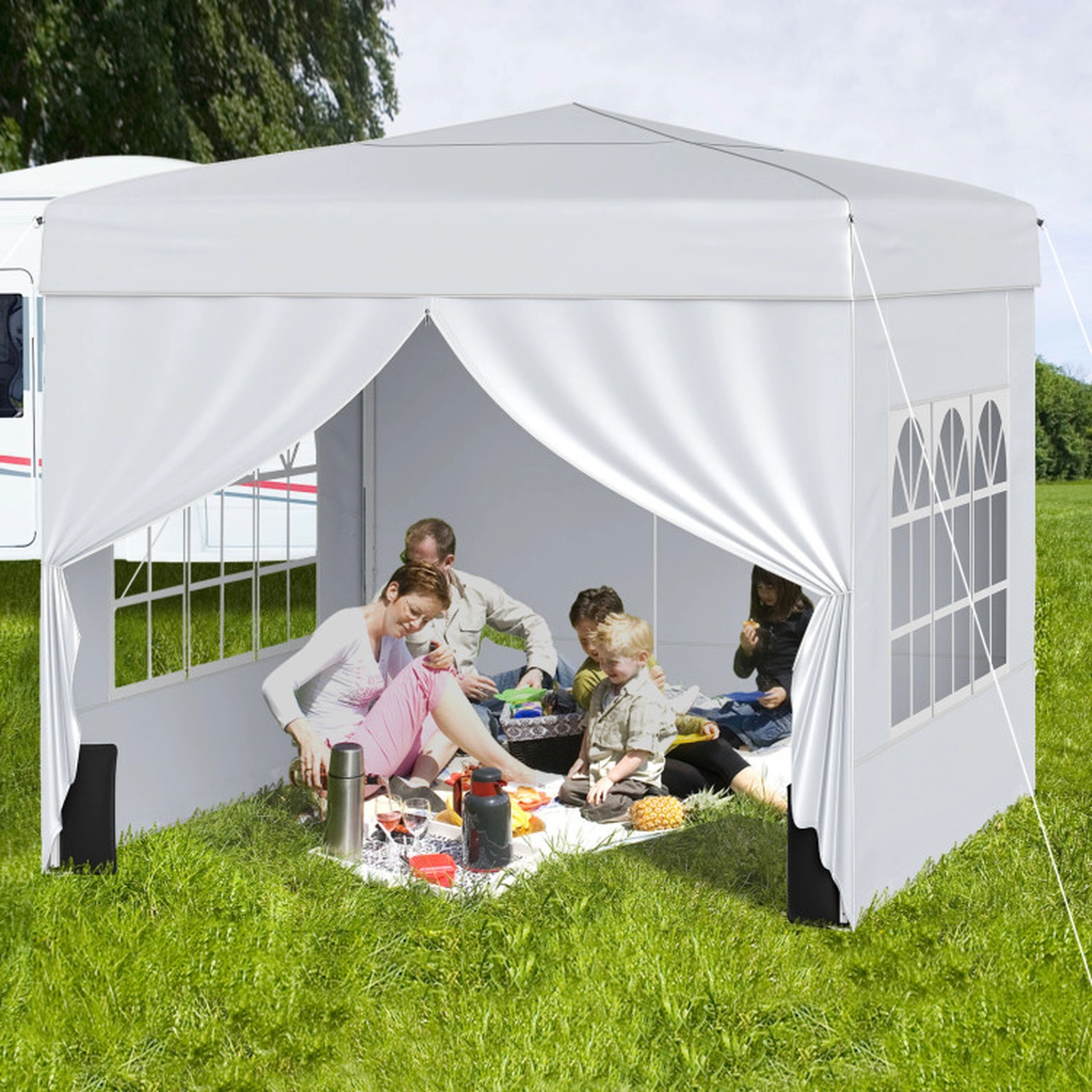 SUGIFT White Wheeled Pop Up Canopy Tent with 2 Window Sidewalls and Carbon Steel Frame 10-ft W 10-ft D 8.2-ft H