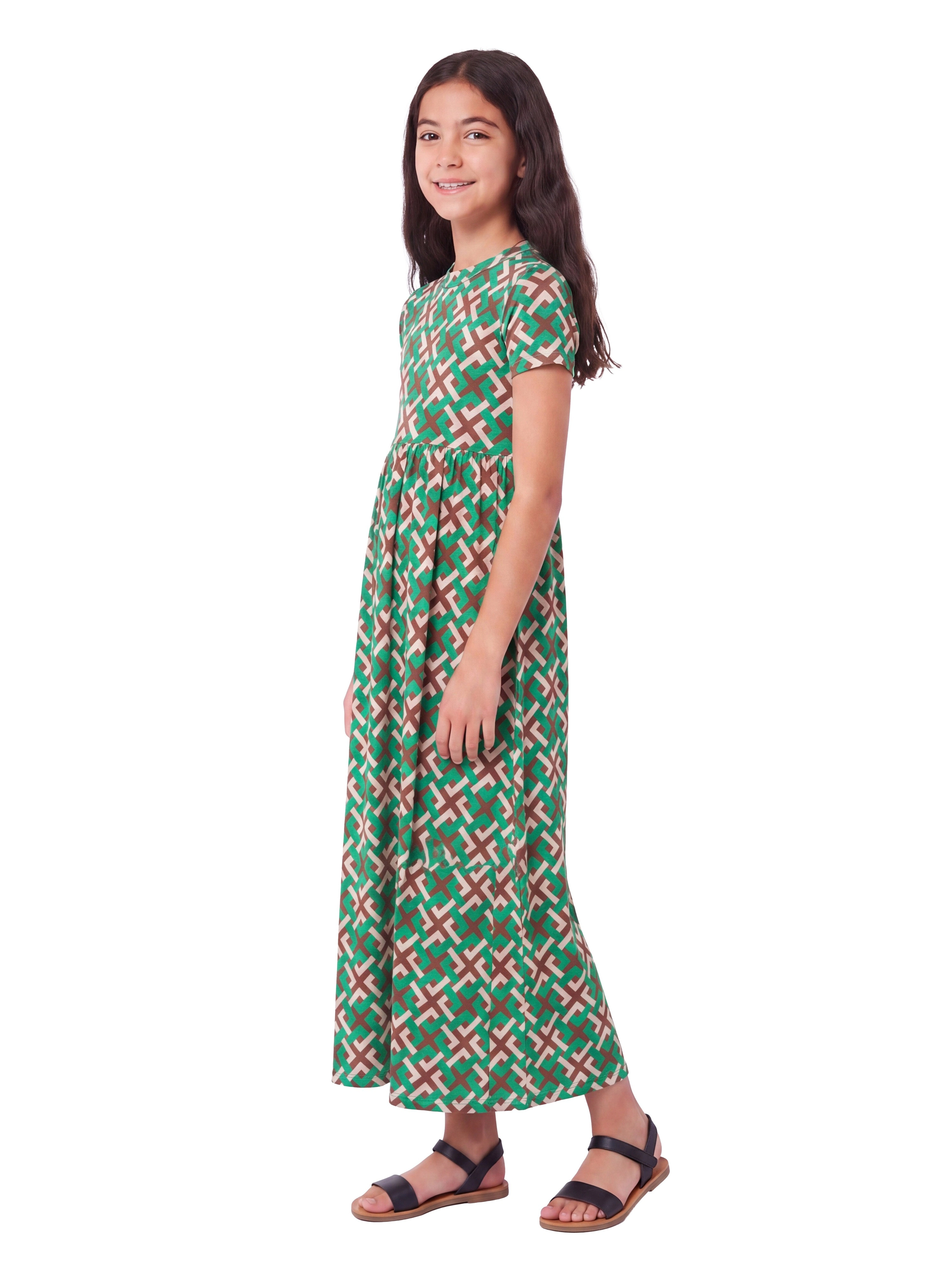 24sevenKid Essential Girls Short Sleeve Green Maxi Dress