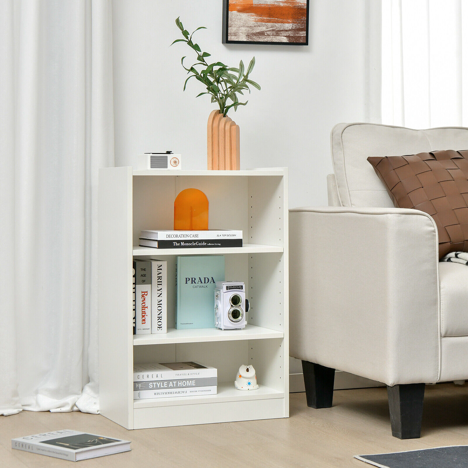 SUGIFT White 3-Tier Bookcase Open Display Rack with 18-Position Adjustable Shelves