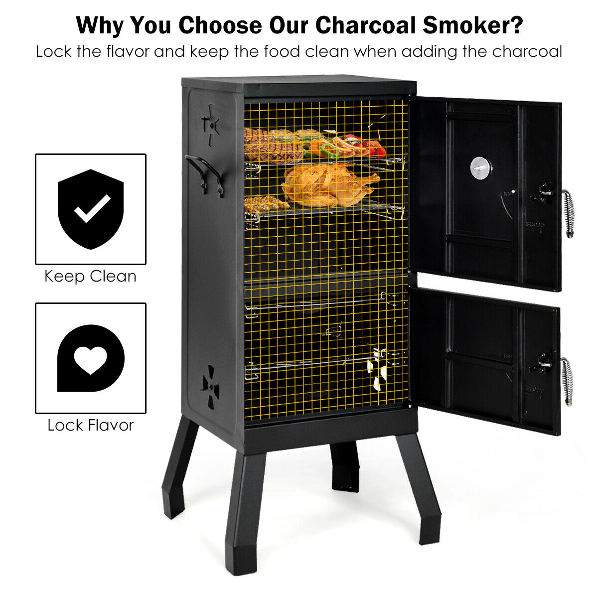 SUGIFT Vertical 2-Tier Black Charcoal Smoker Grill with Temperature Gauge Water Pan and Lockable Doors