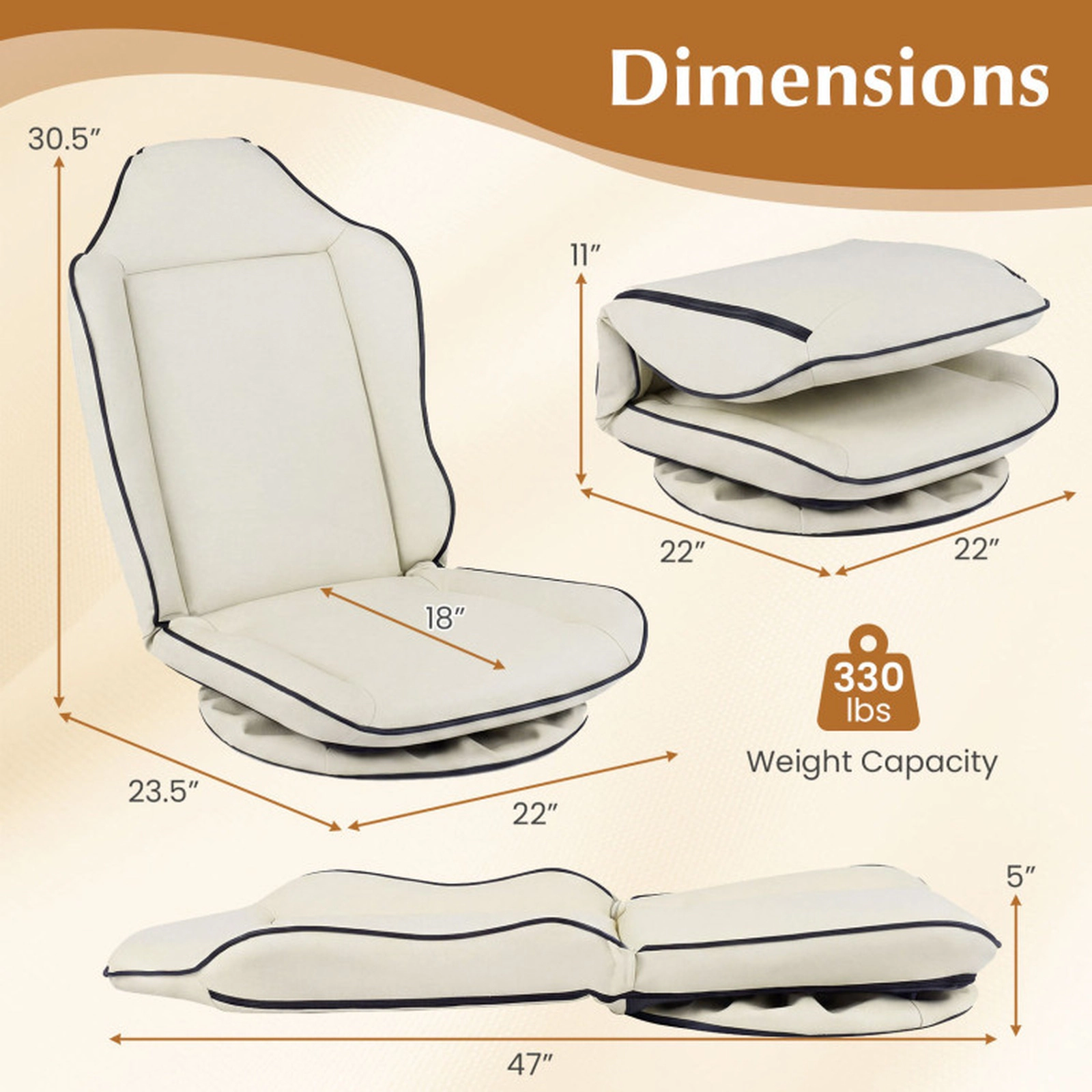 SUGIFT Artificial Leather 360° Swivel Floor Gaming Chair 5-Level Backrest 330-lb Capacity 23.5 x 22 x 30.5-in Beige