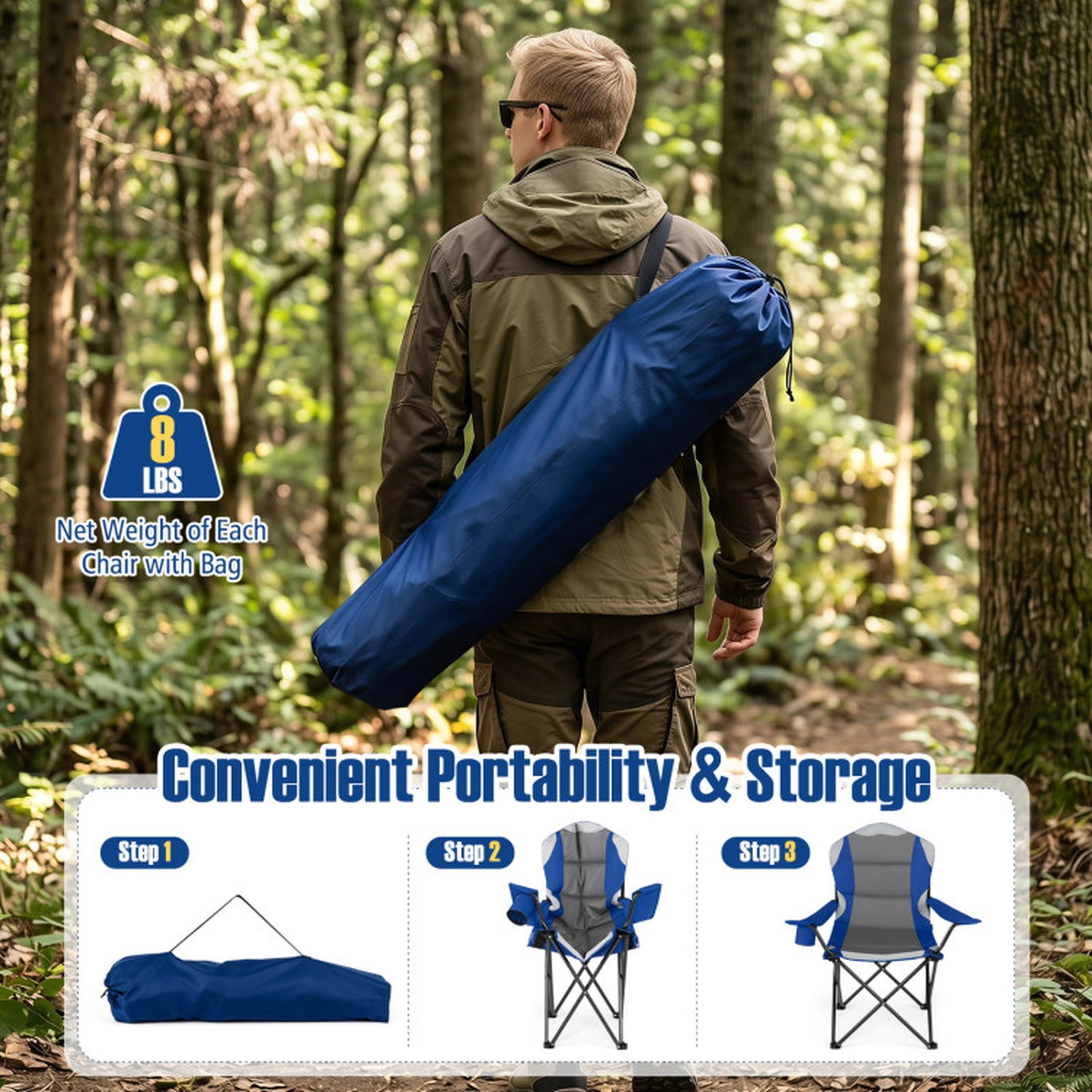 SUGIFT 2 Pieces Folding Camping Chairs for Adults with Cup Holders 330-lb Capacity 36.5-in Tall Navy Blue and Gray