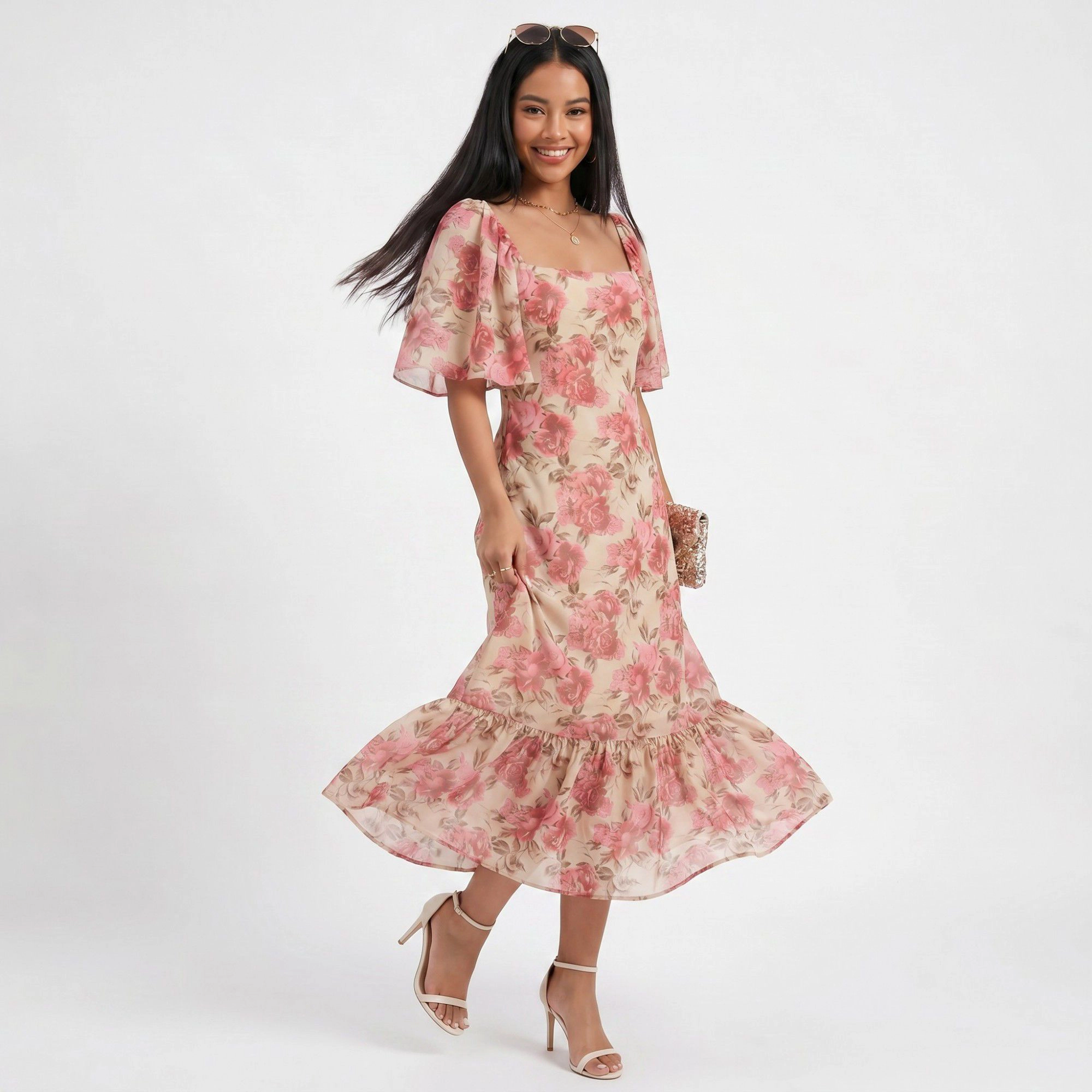 Anna-Kaci Women's Floral Square Neck Flutter Sleeve Ruffle Hem Midi Dress