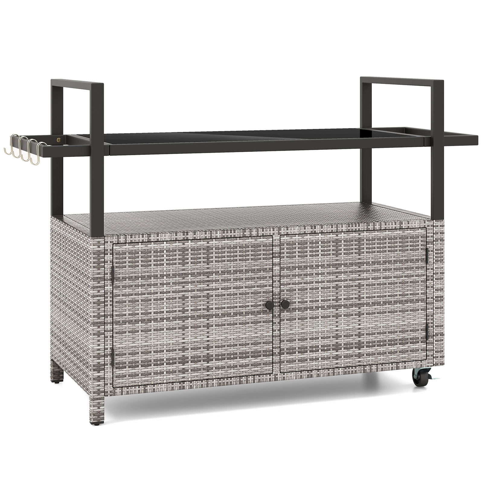 SUGIFT 51-in Wicker Outdoor Bar Cart with Tempered Glass Top 2-Door Cabinet and 8 Removable Hooks