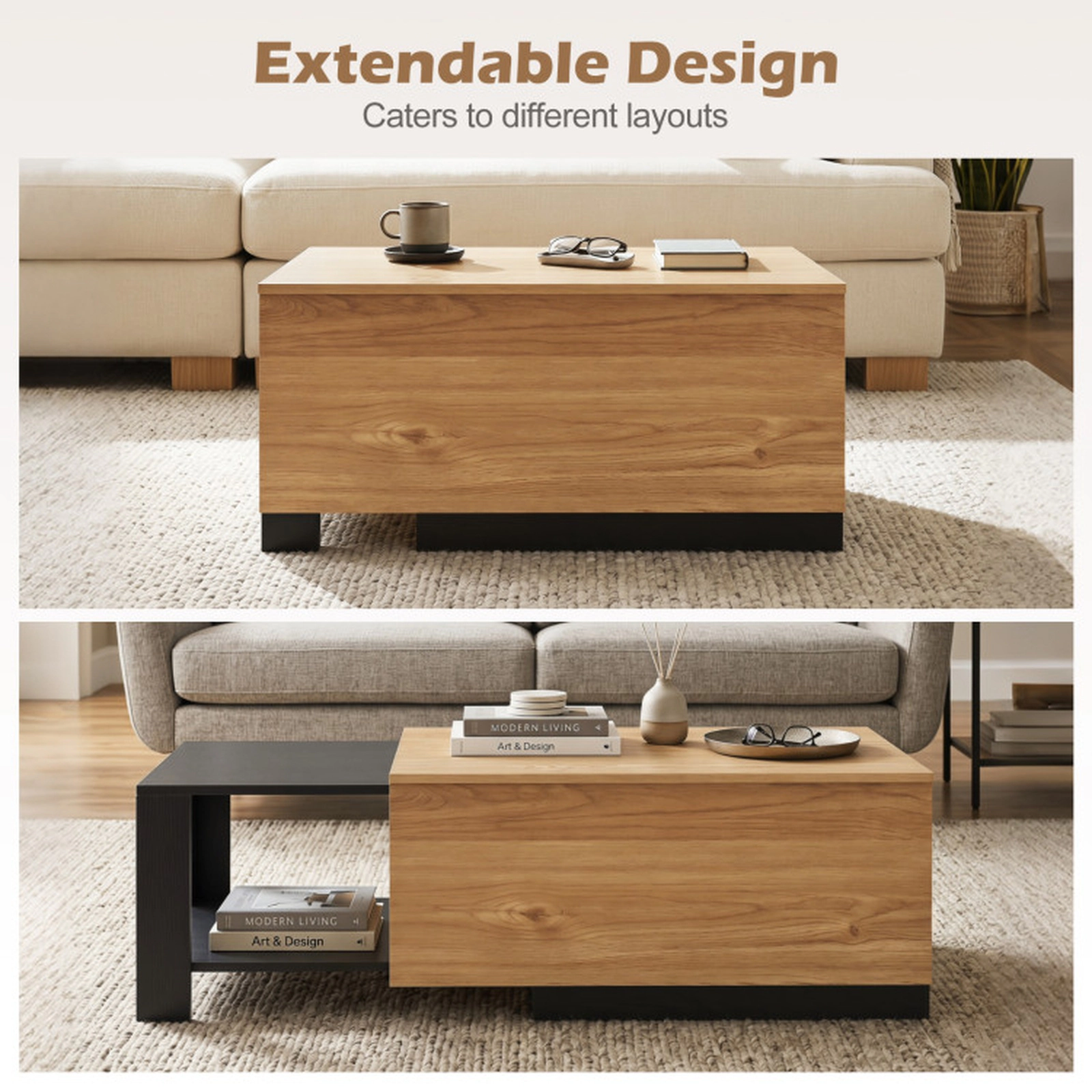SUGIFT 27-in to 43.5-in Extendable 310-lb Capacity Natural Coffee Table with Concealed Storage Compartment