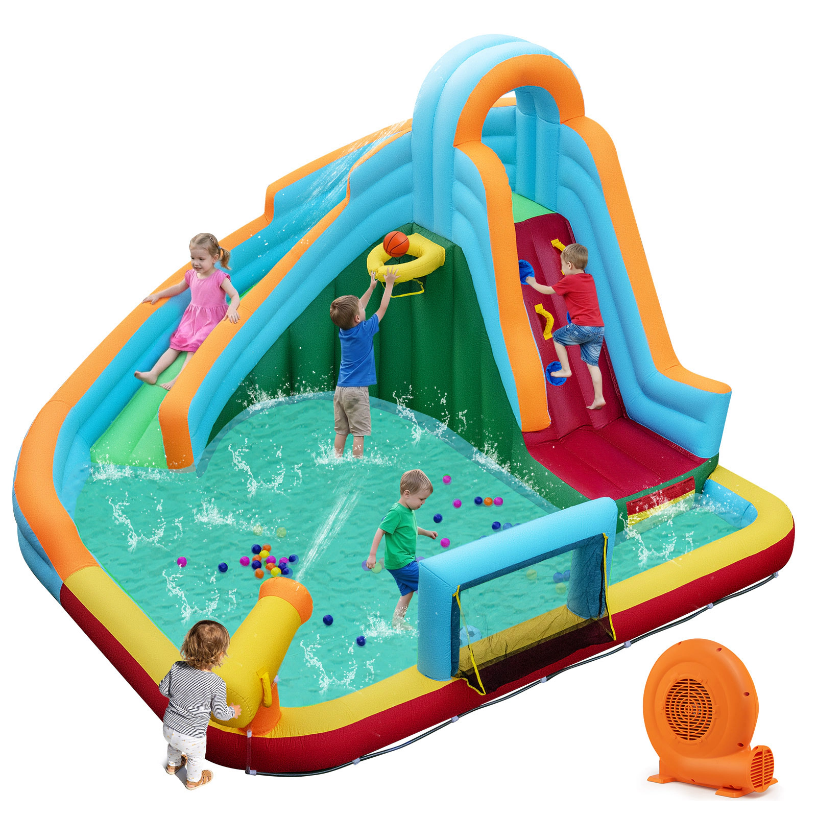 LJG Kids 6-in-1 Inflatable Water Slide Park with 750W Blower for Yard