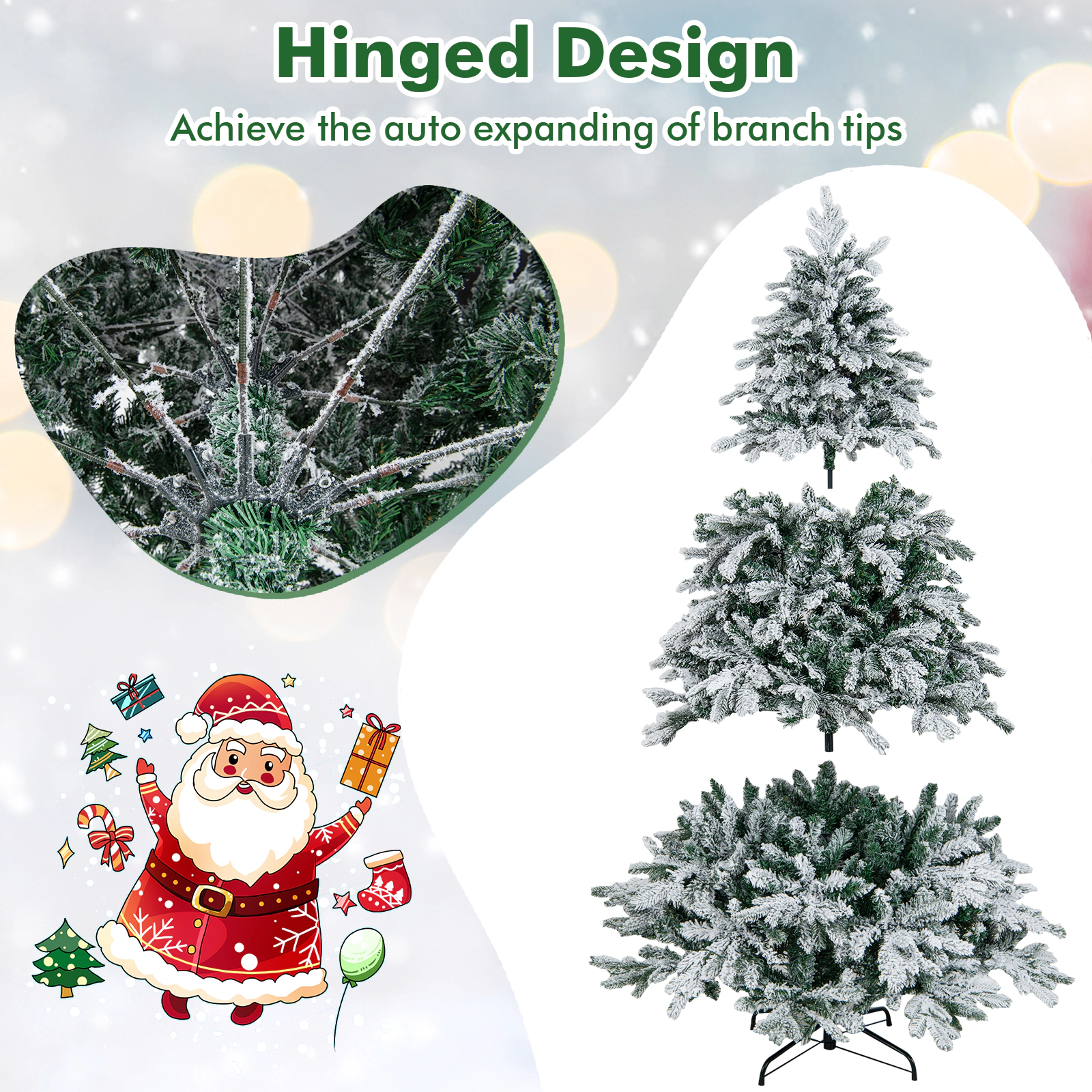 SUGIFT Flocked Artificial Christmas Tree with Warm White LED Lights 6-Ft Height Hinged Branches White & Green