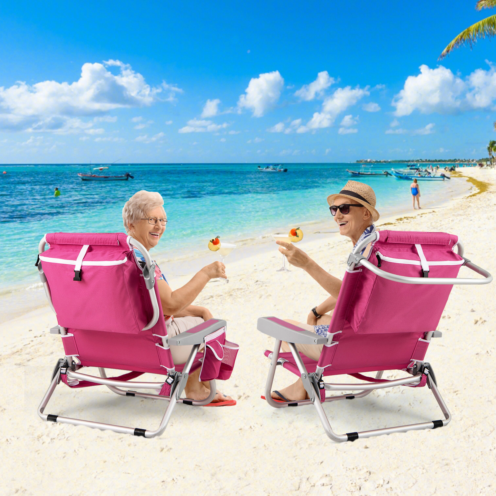 SUGIFT 5-Position Foldable Backpack Beach Chair with Cup Holder and Storage Pockets 330-lb Capacity Set of 2 Pink