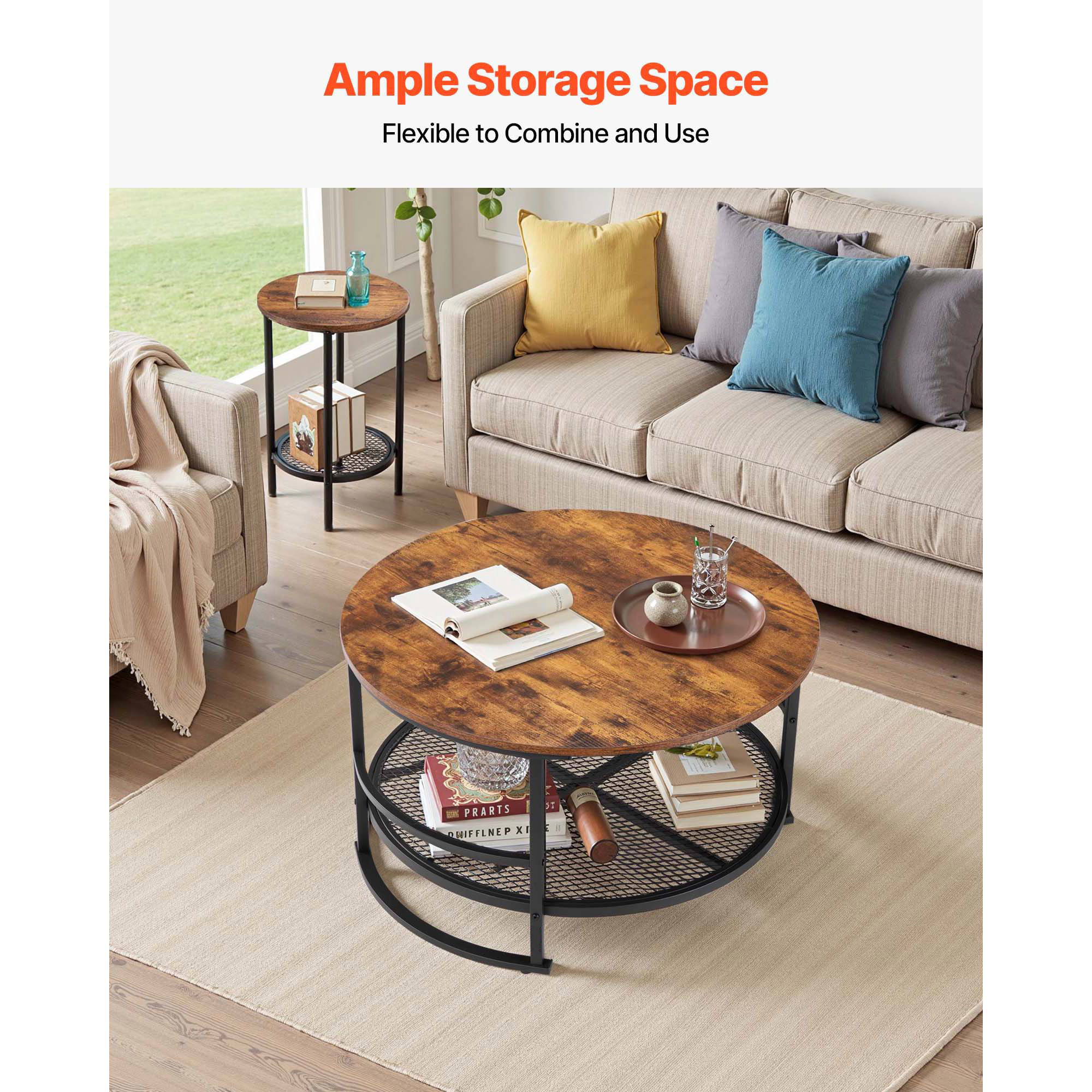 HONGGE 3-Piece Round Coffee Table Set with 2 End Tables, Industrial Wood & Metal Storage Shelf Table Set for Living Room