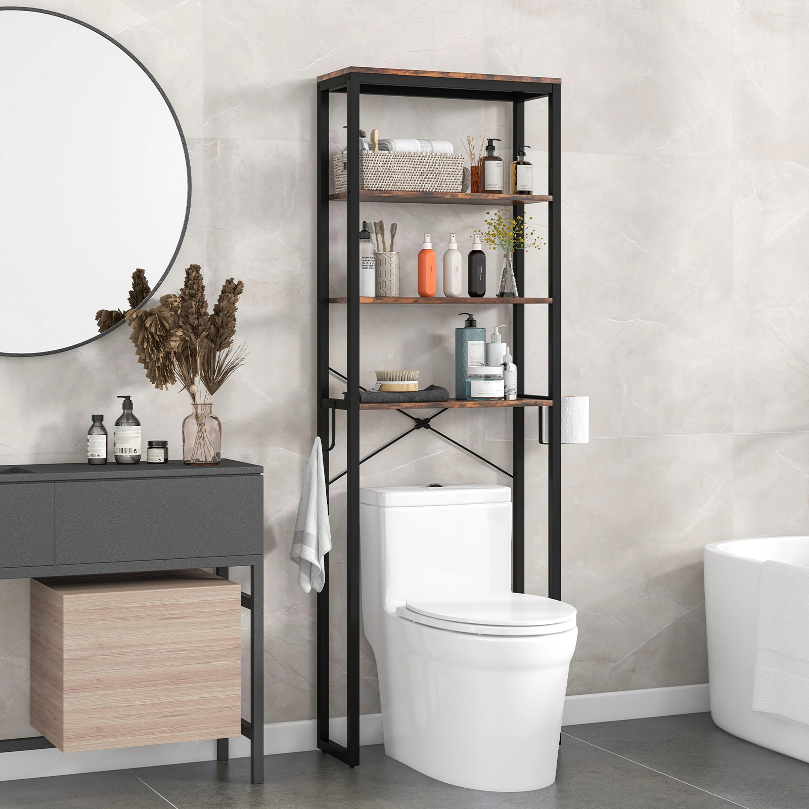 SUGIFT 4-Tier Rustic Brown 70-in Tall Freestanding Over the Toilet Wood Bathroom Storage Rack Shelf