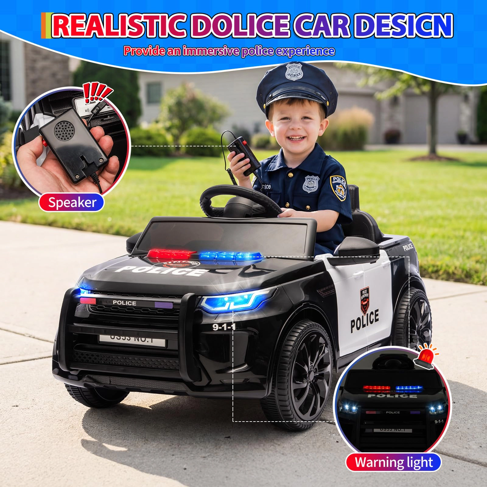 12V Kids Police Ride On Car with Remote Control, Bluetooth Music, Lights & Suspension for Ages 3-8