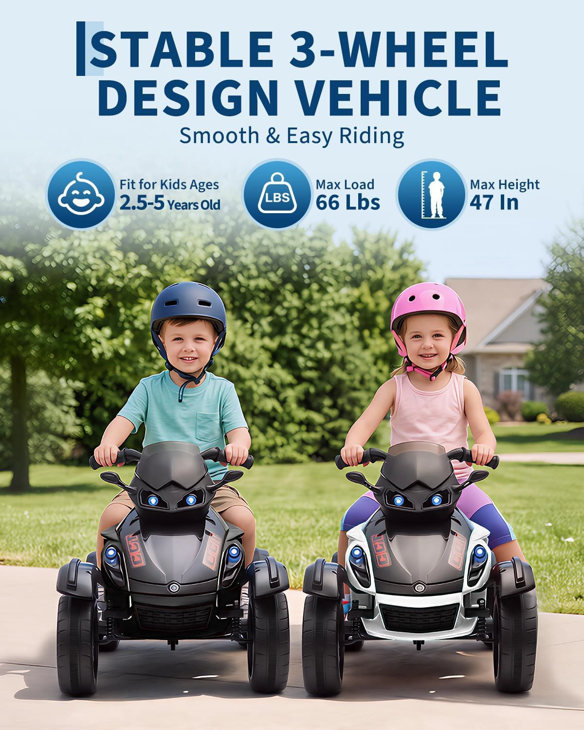 12V Kids Ride-On ATV, 3-Wheeler Electric Motorcycle, LED Lights, Music, Treaded Tires, 66Lbs, Ages 3-8, Boys Girls