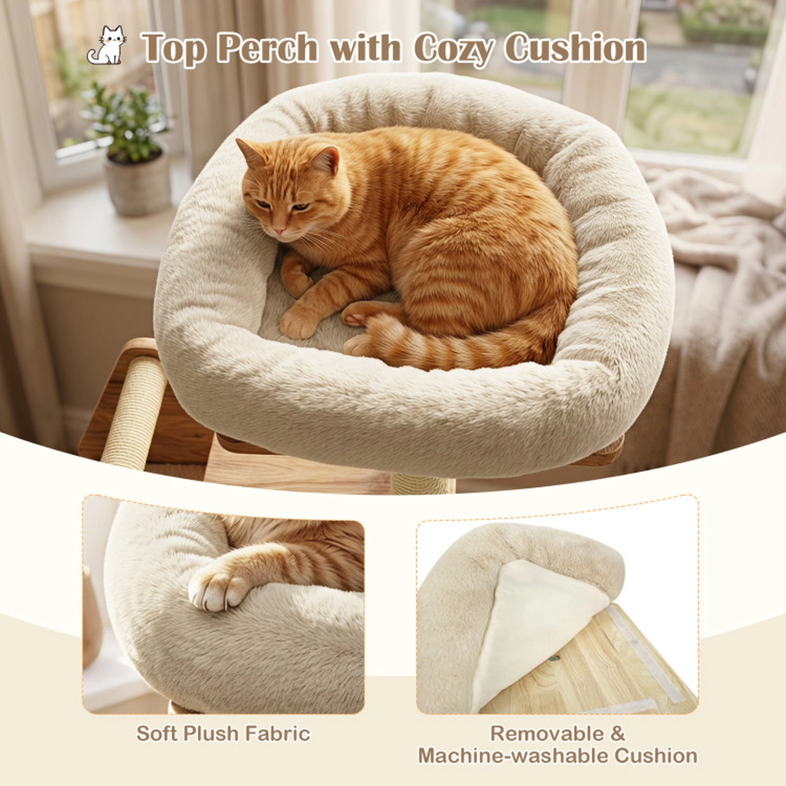 SUGIFT Beige Solid Wood Cat Tree with Padded Top Perch and Condo 23.5-in W 15.5-in D 48.5-in H 33-lb Per Layer