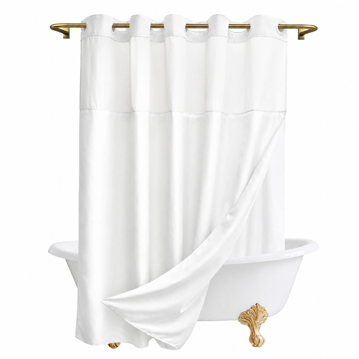 WZK Linen Look No Hook with Snap In Liner Mesh Top Window Waterproof Washable Shower Curtain Set