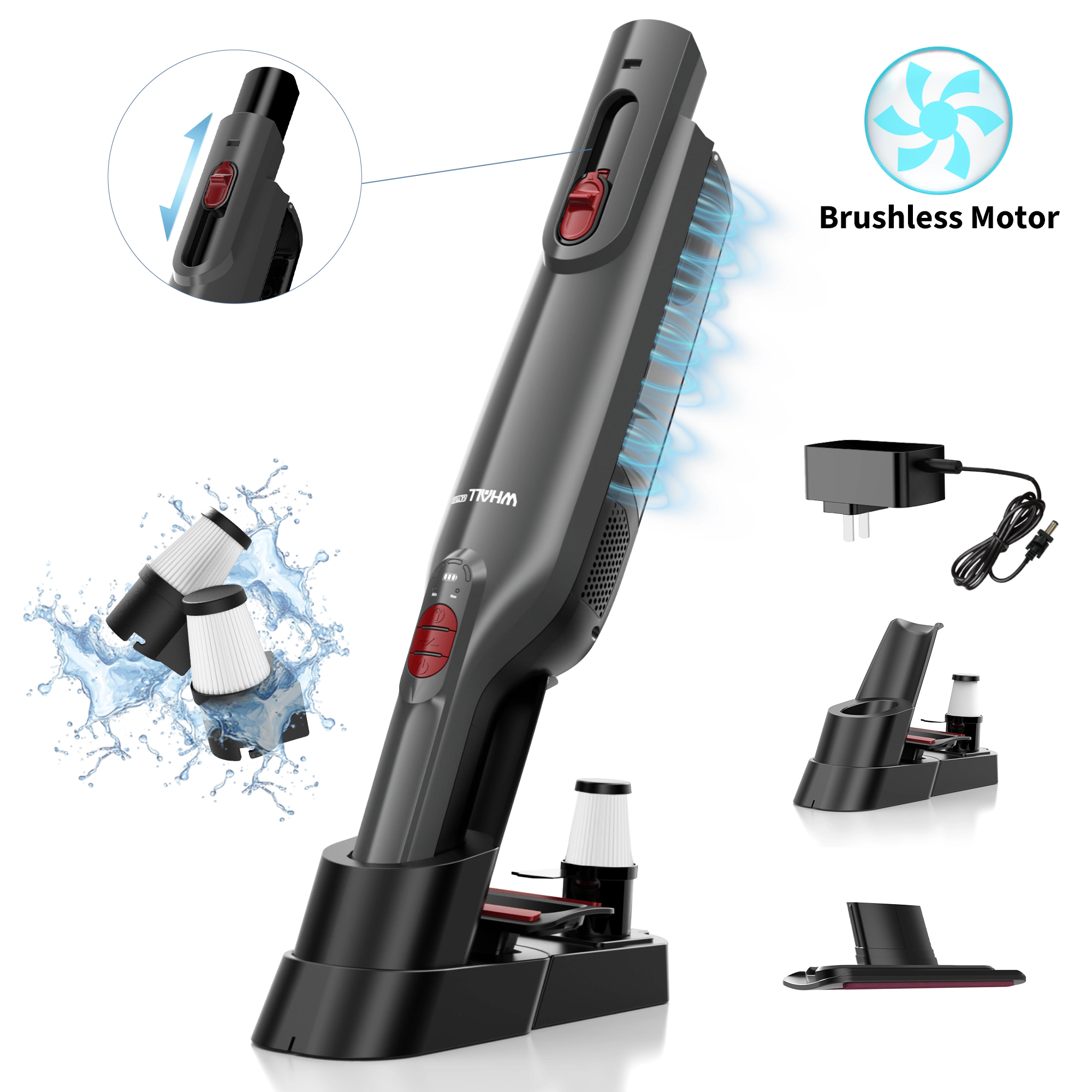 WHALL Cordless Handheld Vacuum with Strong Suction, LED Light, Multi-Accessories, Fast Charging for Home, Car, Pet Hair