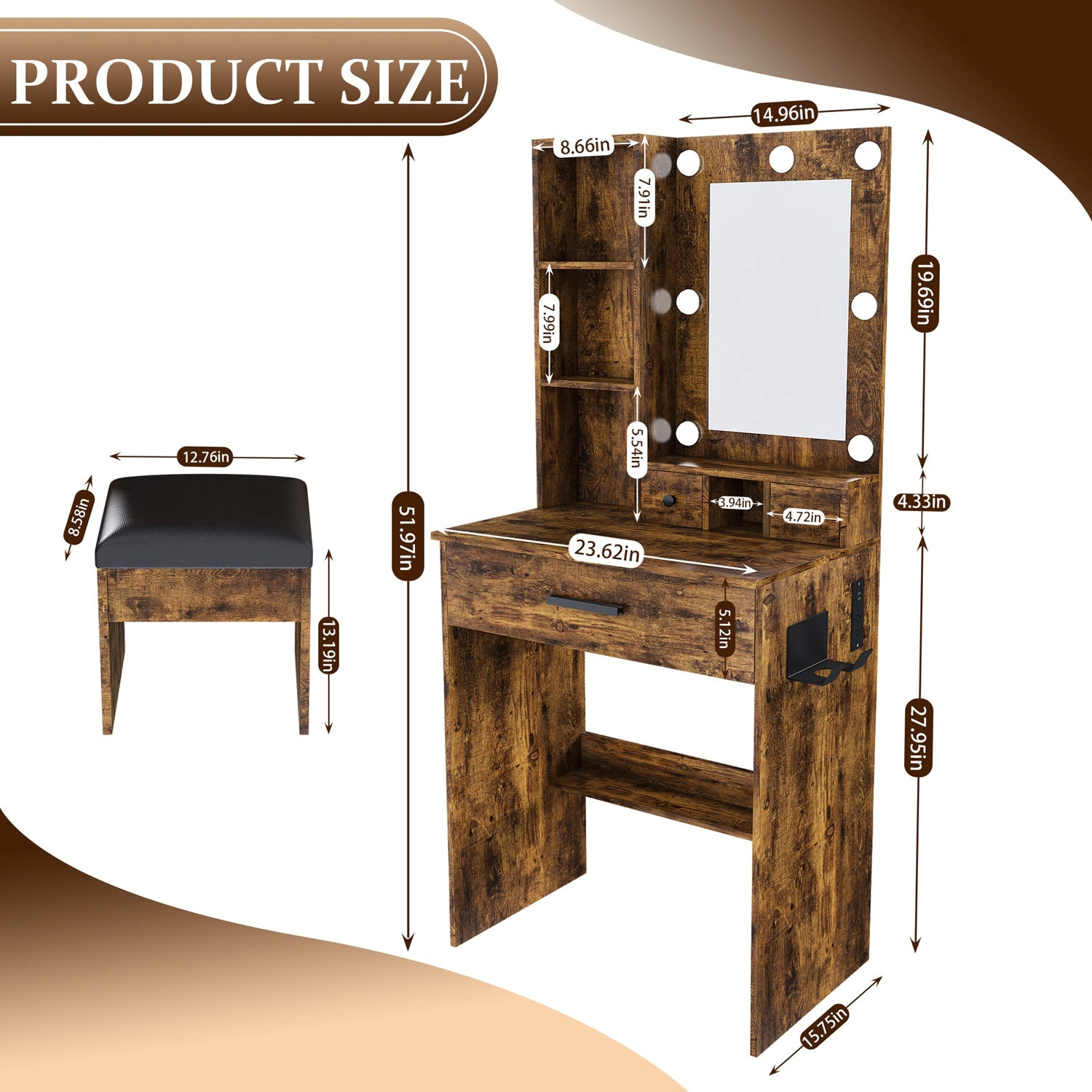 GBruno LED Lighted Vanity Desk Set With Padded Stool