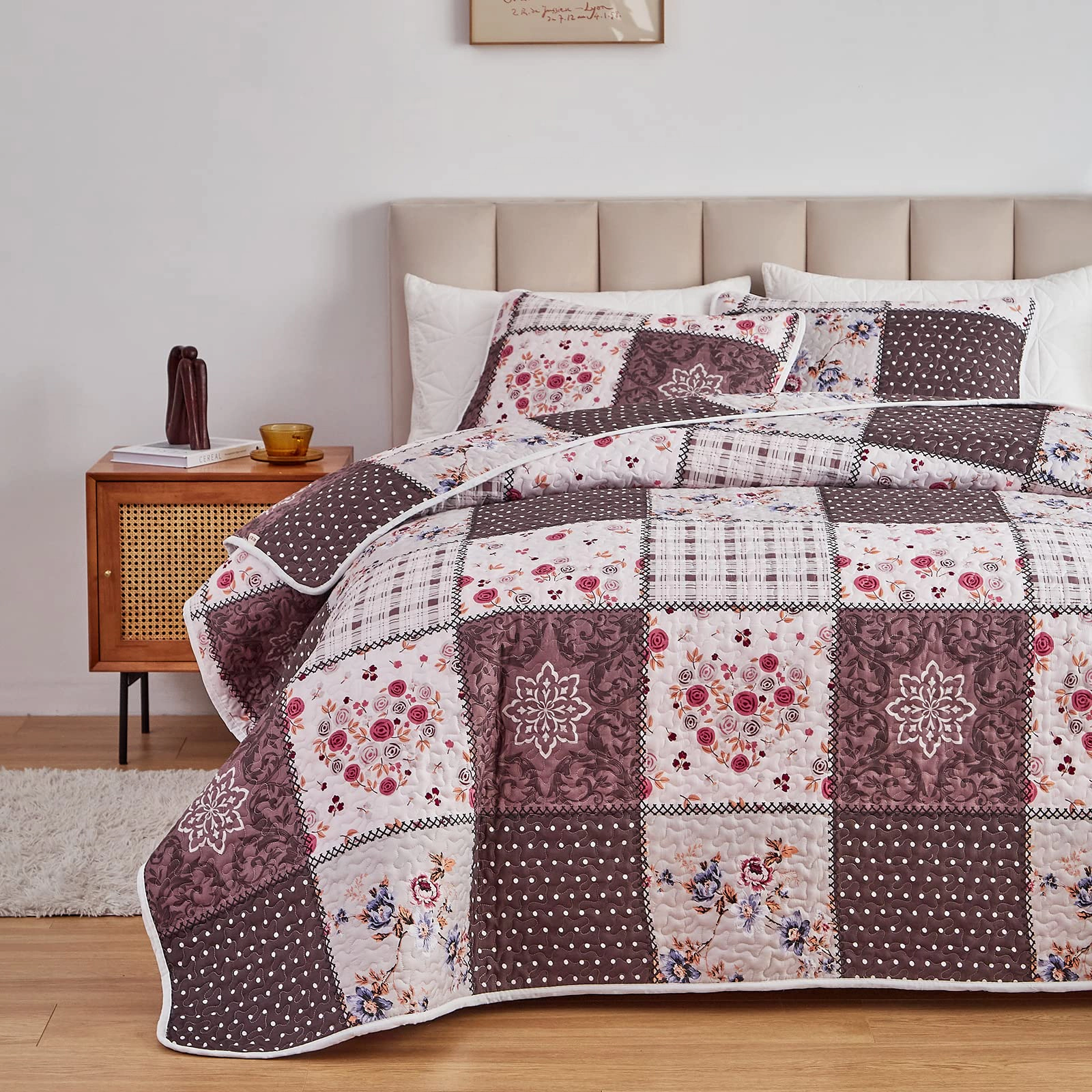 Patchwork Quilt Set California King  3 Pieces Green Flplaid Summer Bedspread Coverlet Softfiber Lightweight Be