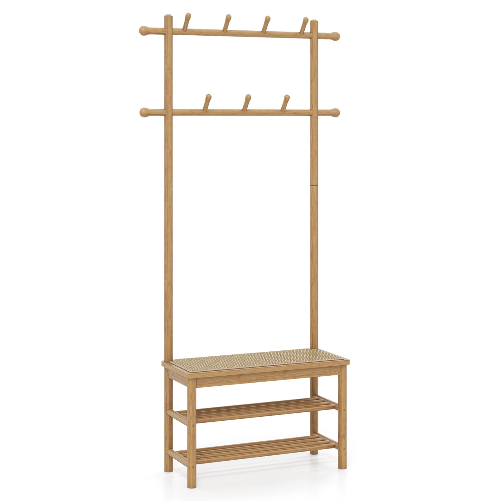 SUGIFT Bamboo Hall Tree Natural 3-in-1 Entryway Bench with PE Rattan Shoe Storage