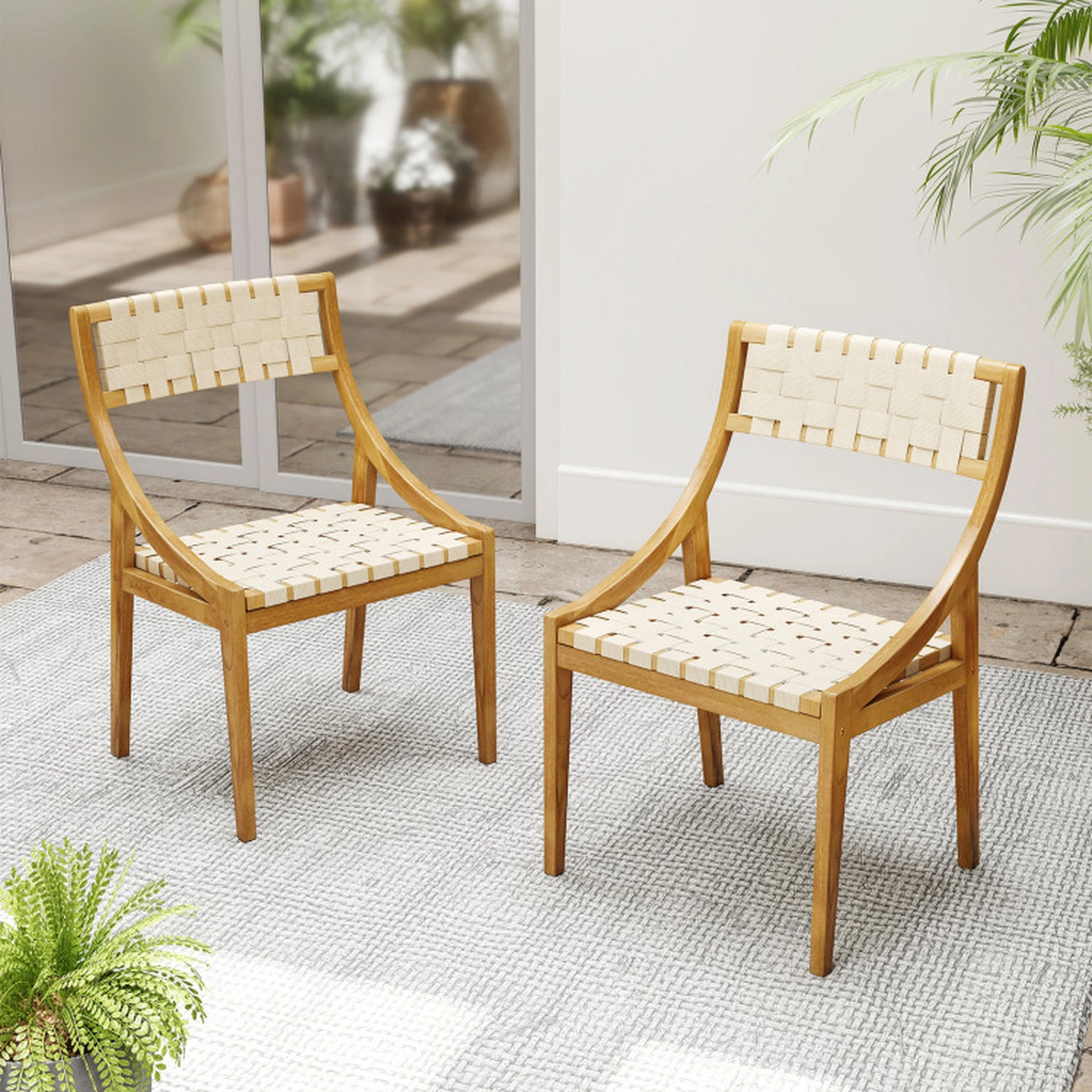 SUGIFT Set of 2 300-lb Capacity Teak Wood Outdoor Dining Chairs with Woven Webbing Seat and Backrest