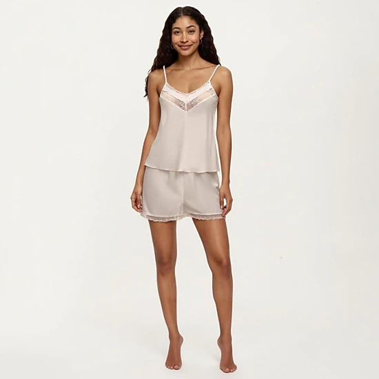 Anna-Kaci Women's 2-Piece Satin Pajama Camisole Top and Shorts with Contrast Lace Trim Adjustable Straps Sleepwear