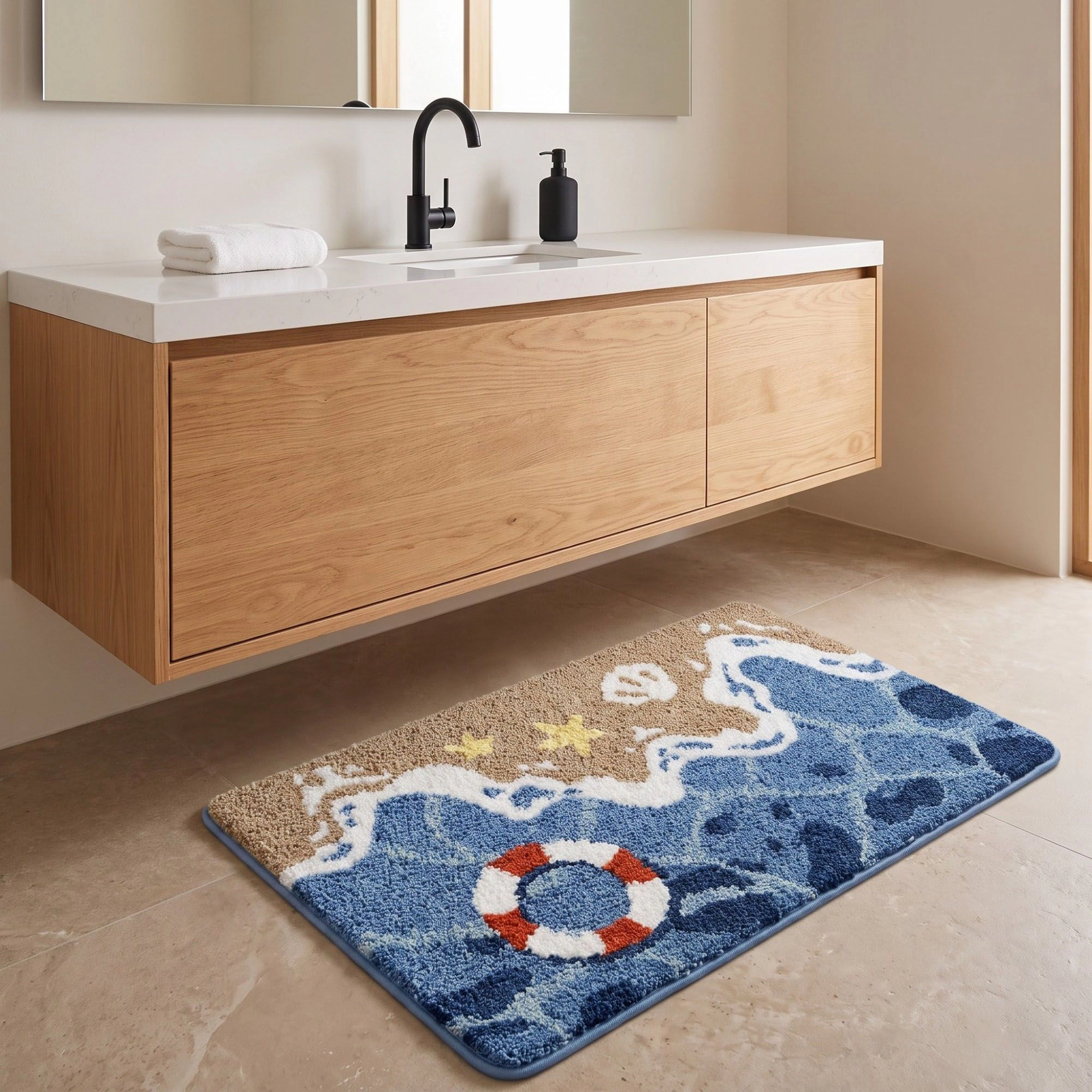 Alilang Unisex Coastal Ocean Wave Plush Bathroom Mat with Life Preserver and Seashell Design