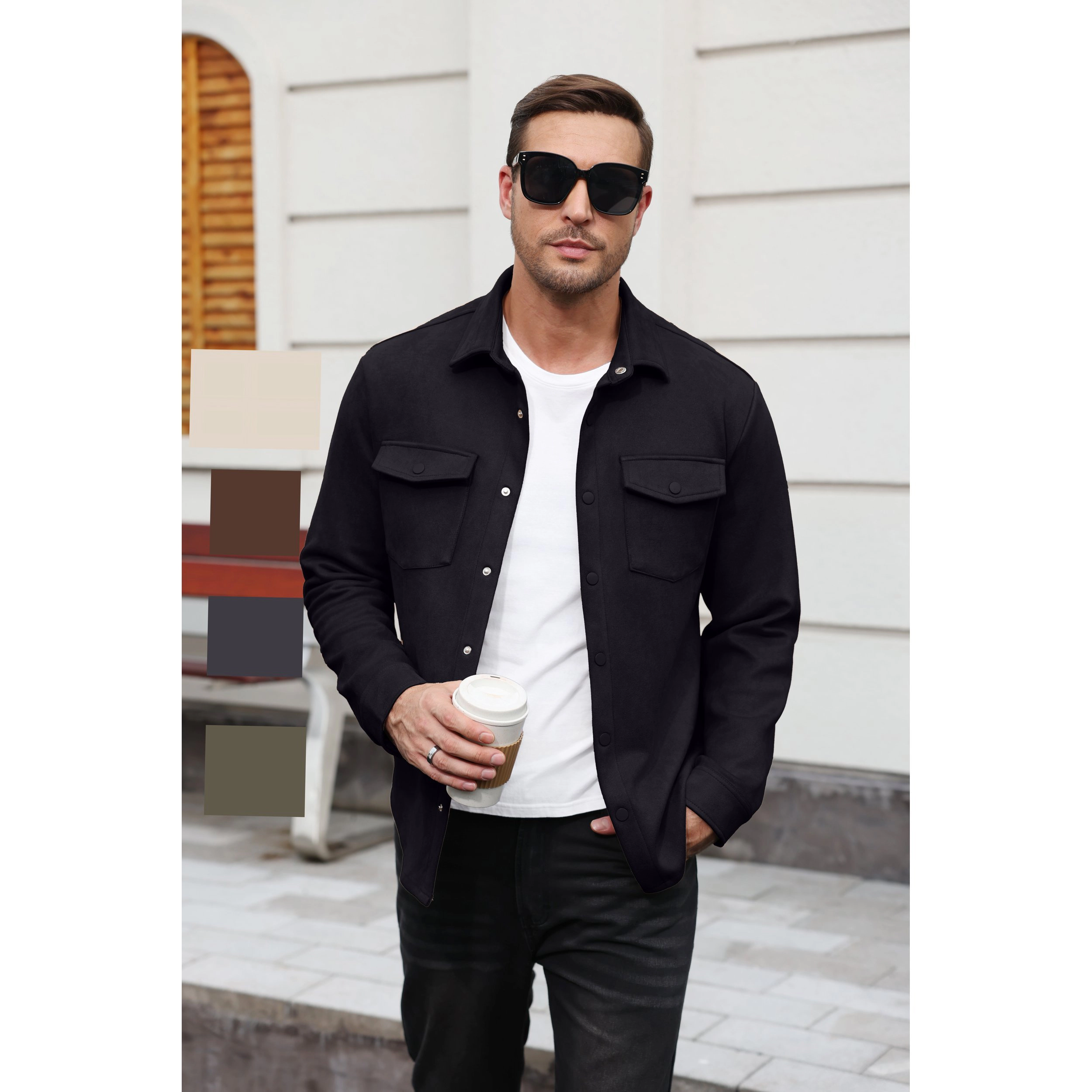 COOFANDY Men's Suede Button Down Long Sleeve Shirt Jacket with Chest Pocket