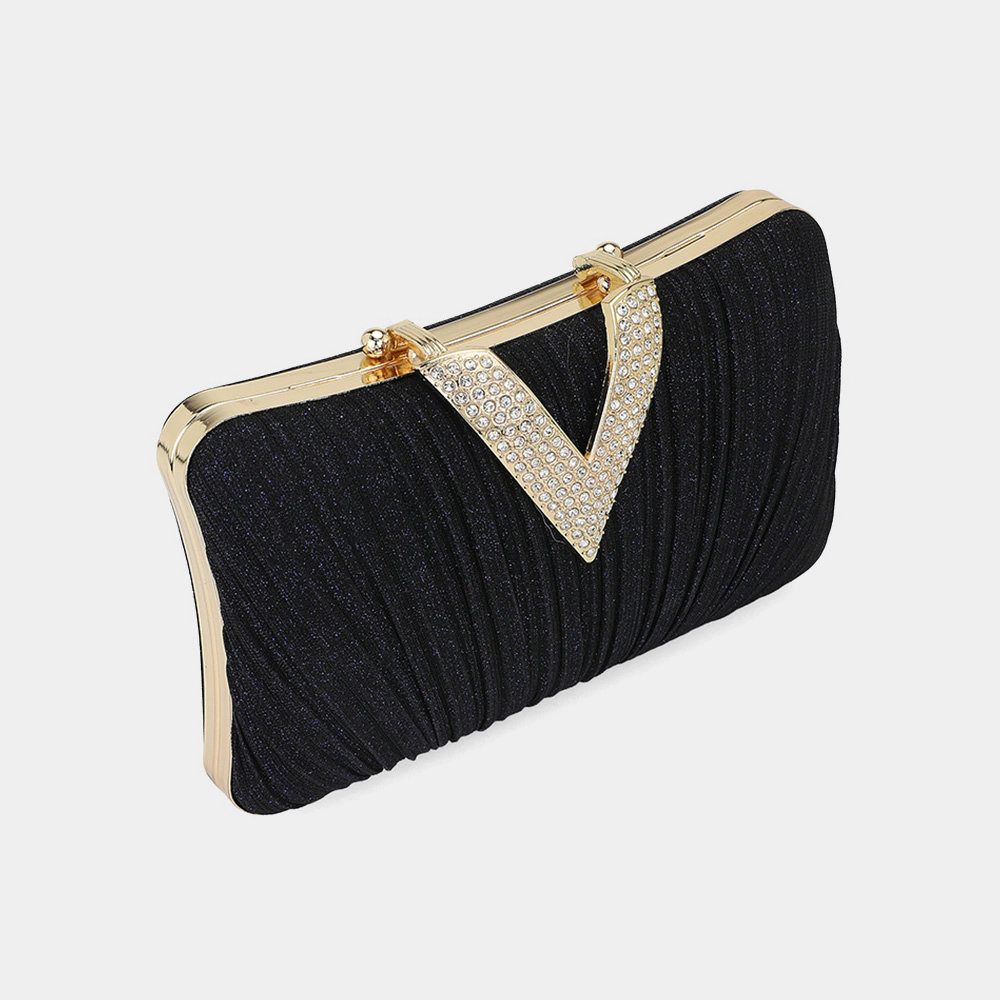 FASHNZFAB Sparkle Fabric Stone Paved V Fold Evening Clutch Crossbody Bag