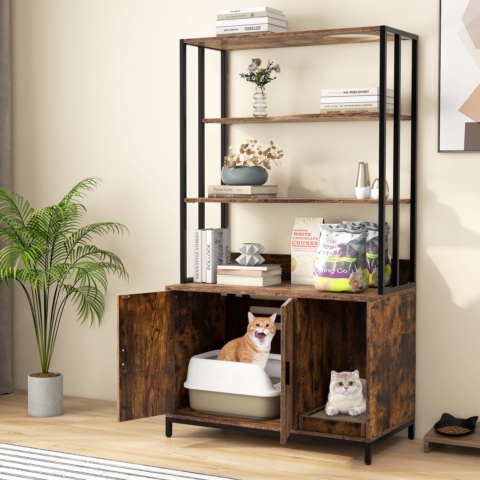 SUGIFT 33.5 x 61-in Rustic Brown Tall Cat Litter Box Enclosure with 3-Tier Storage Shelves and Side Entry