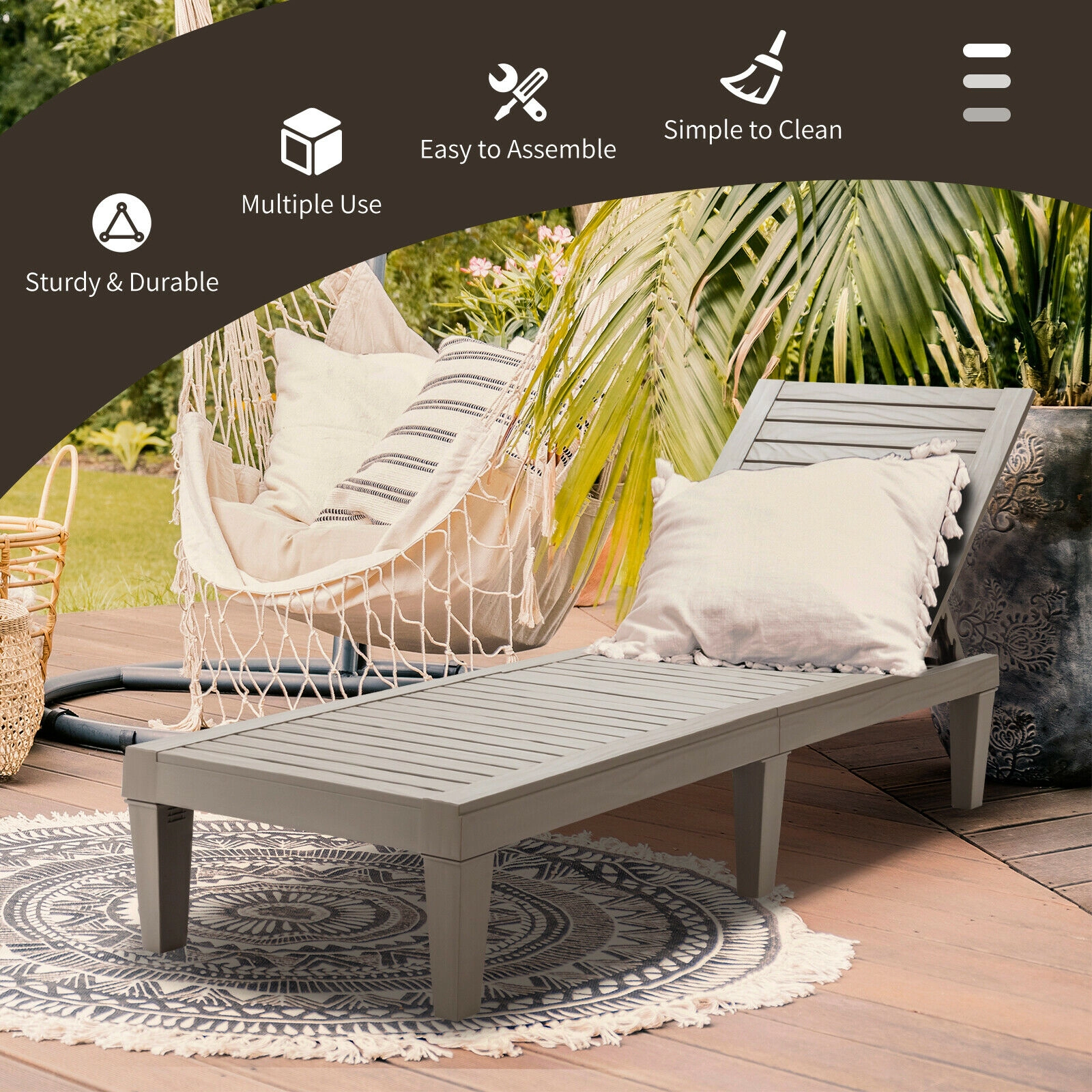 SUGIFT Outdoor Recliner Chaise Lounge Chair with 5-Position Adjustable Backrest 400-lb Capacity 75-in Length Brown