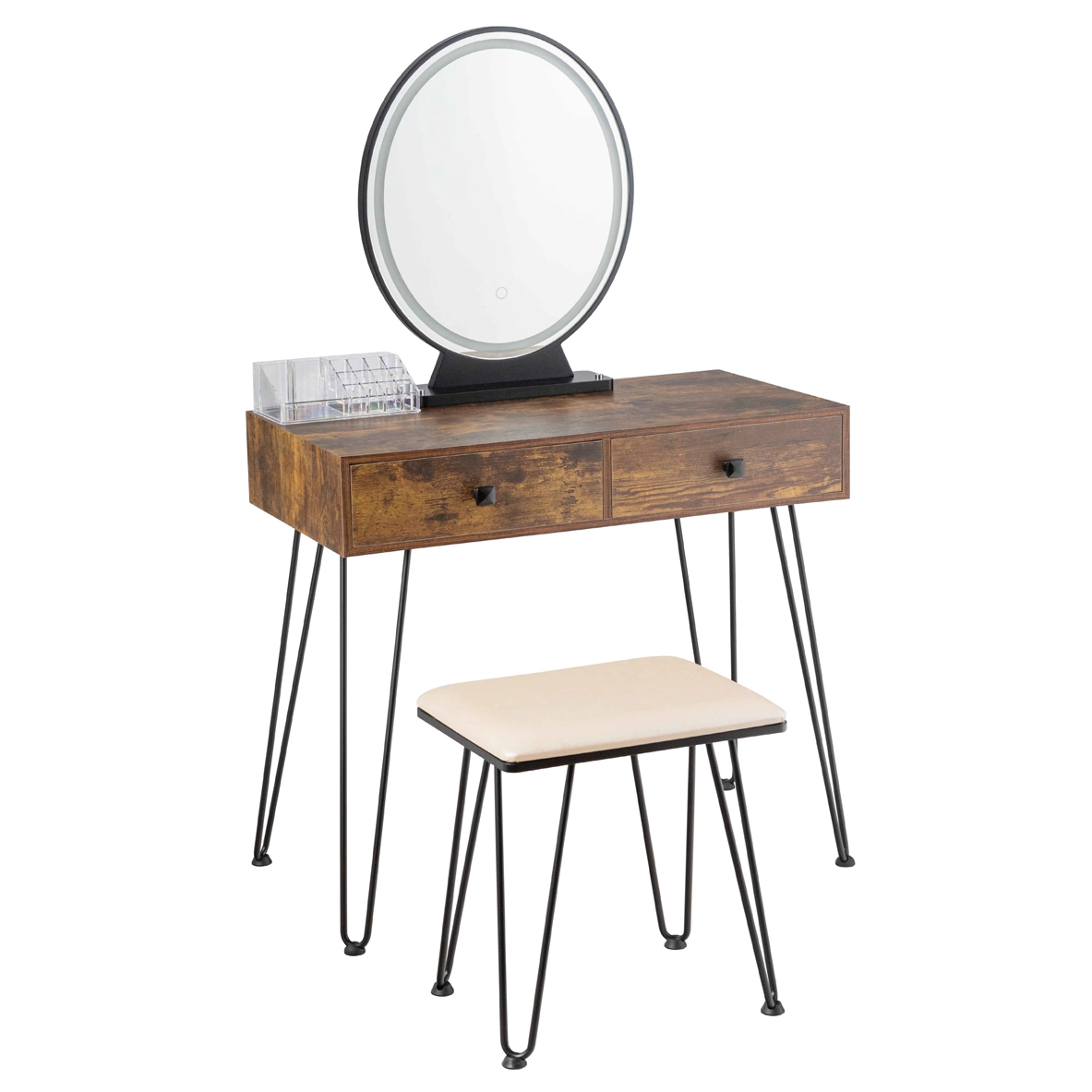 SUGIFT Industrial Makeup Dressing Table with 3 Lighting Modes Vanity and Stool 220-Lb Capacity Rustic Brown