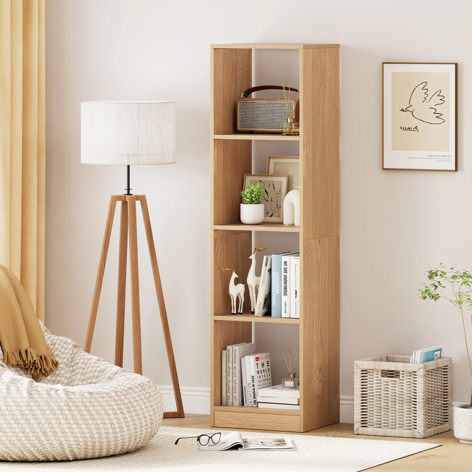 SUGIFT Natural 5-Tier 4-Cube Narrow Bookshelf 56 in Tall with 4 Anti-Tipping Kits