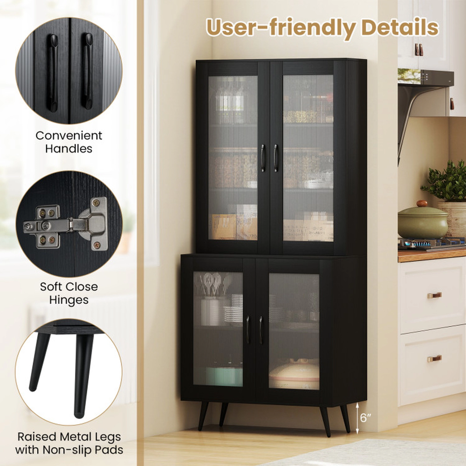 SUGIFT Tall Kitchen Pantry Cabinet Cupboard Sideboard with 4 Transparent Doors Adjustable Shelves Black