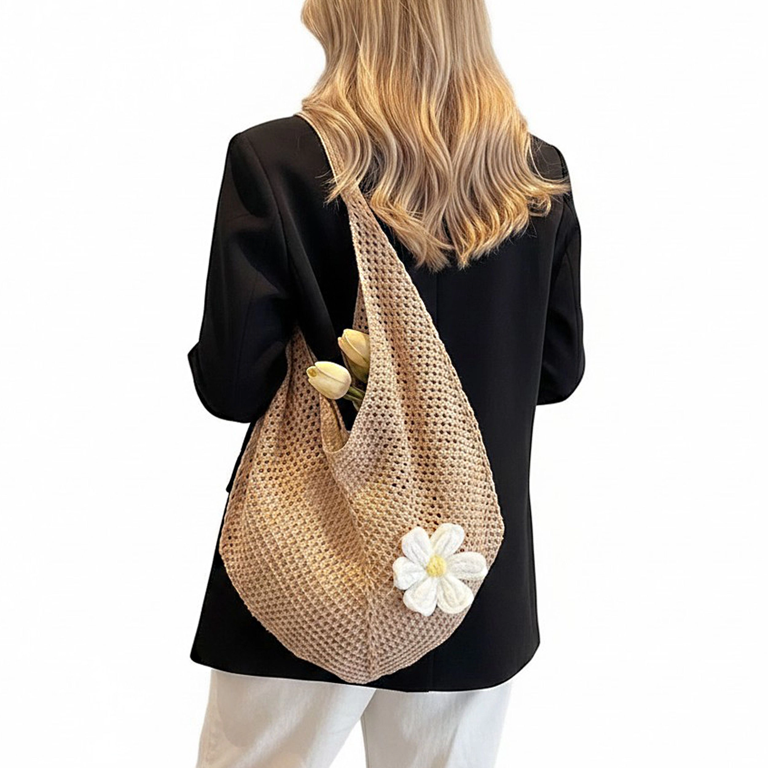 Alilang Women's Woven Crochet Hobo Shoulder Bag Lightweight Knit Slouchy Tote with Flower Detail, Beige