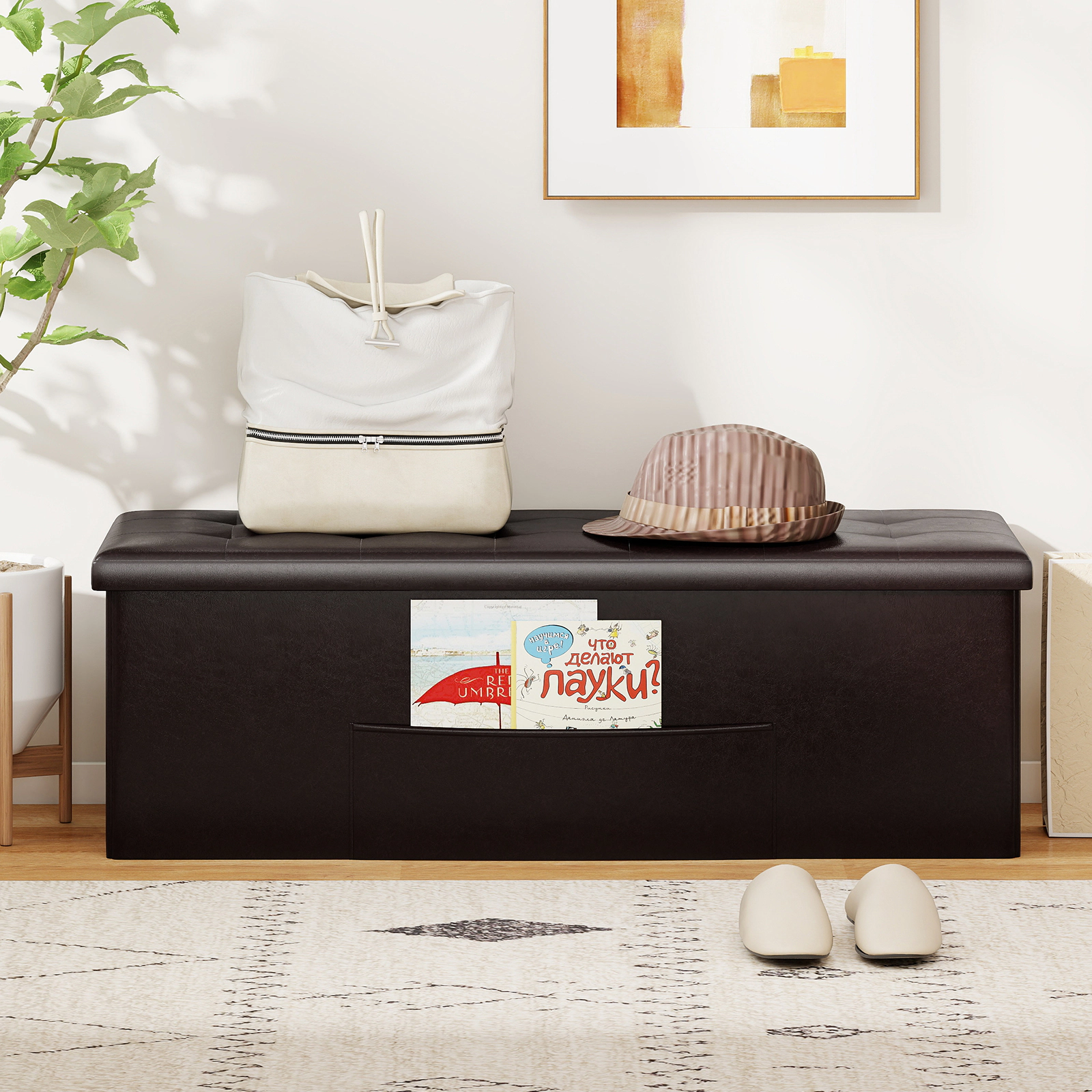 SUGIFT 43-in Folding Storage Ottoman Bench Foot Rest Stool 550-lb Capacity with 38-Gallon Storage Brown PU Leather