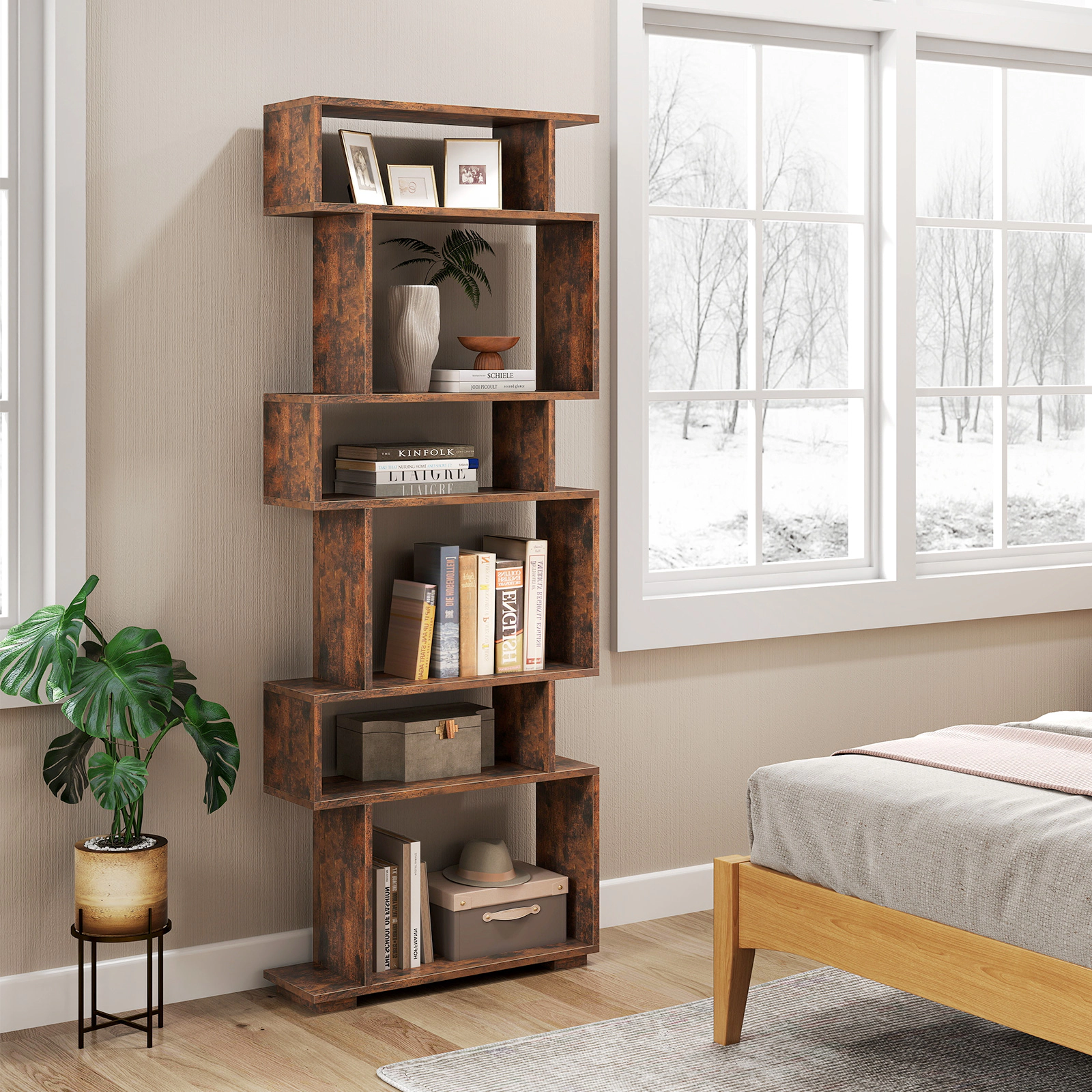 SUGIFT 6-Tier Rustic Brown 64-in Tall Narrow Geometric Bookshelf with 2 Anti-Tipping Kits and Raised Base