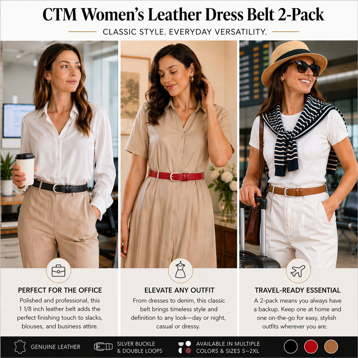 CTM Women's Leather Dress Belt 2 Color Pack 1 1/8 Inch Silver Buckle