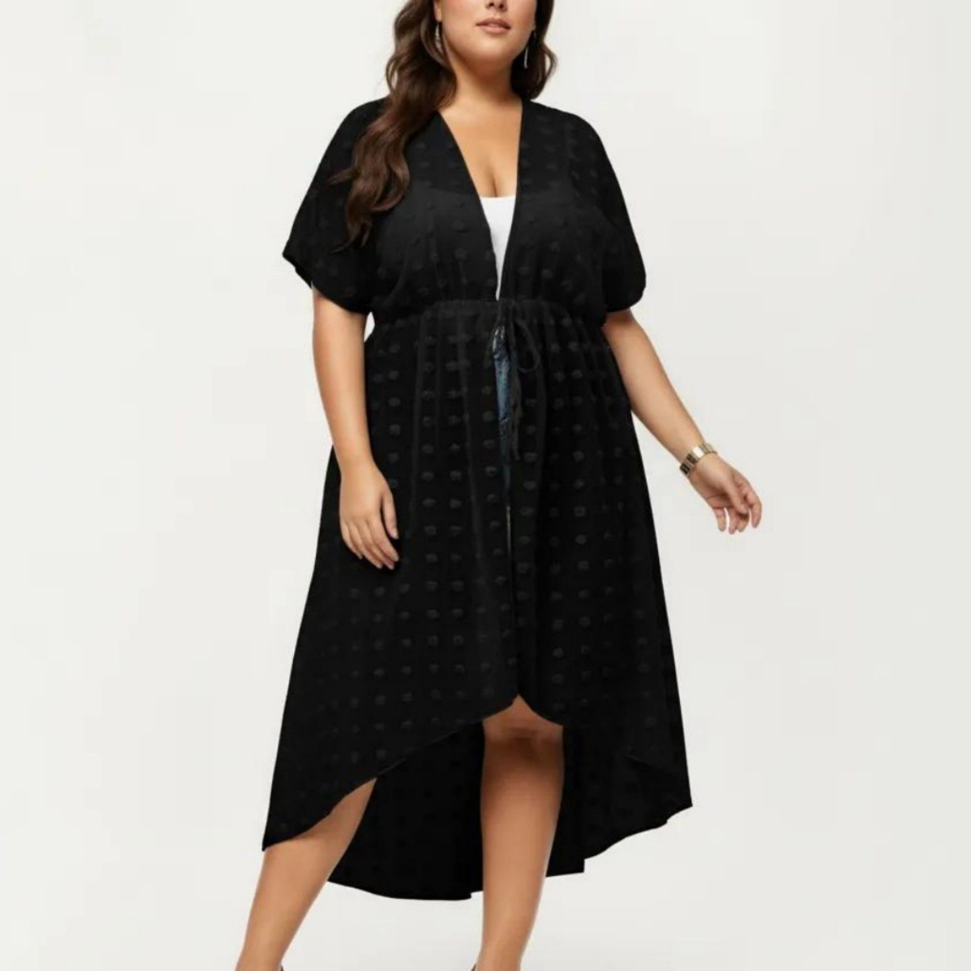 Anna-Kaci Women's V Neck Drawstring Waist Swiss Dot High Low Hem Beach Layer Sheer Midi Cover Up Dress