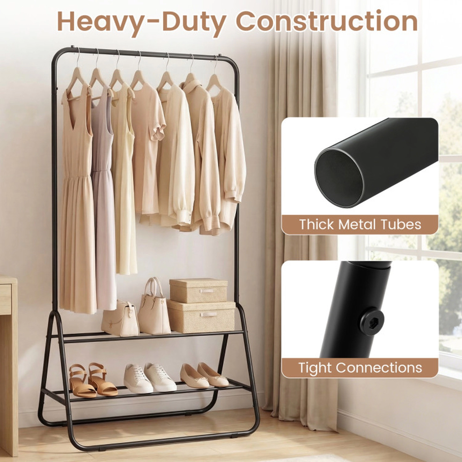 SUGIFT 59-in 45-lb Capacity Black Heavy Duty Metal Clothes Rack with Hanging Rod and 2 Storage Shelves
