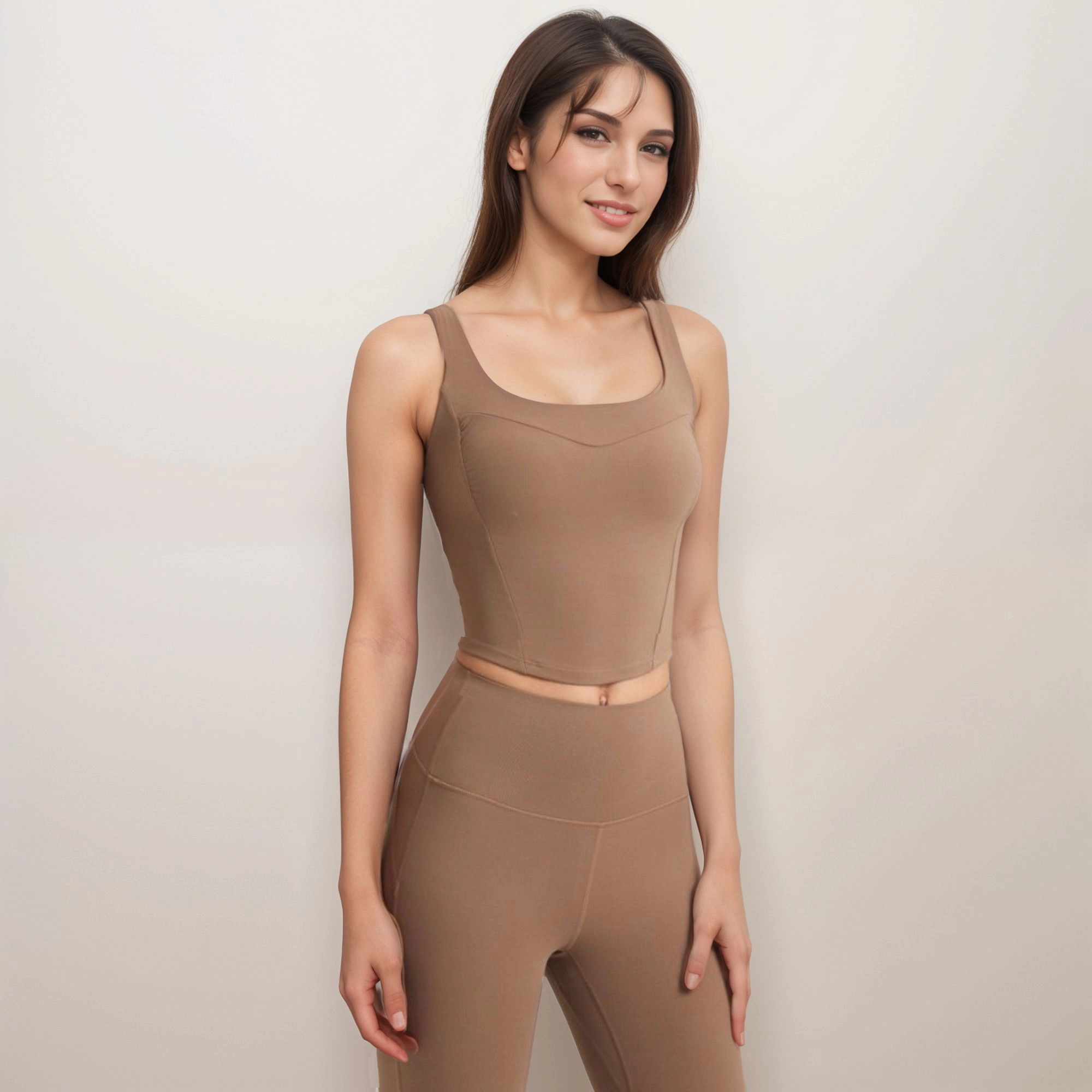 Anna-Kaci Women's Square Neck Active Crop Tank Top with Contour Seams Wide Straps and Sculpting Stretch Fabric
