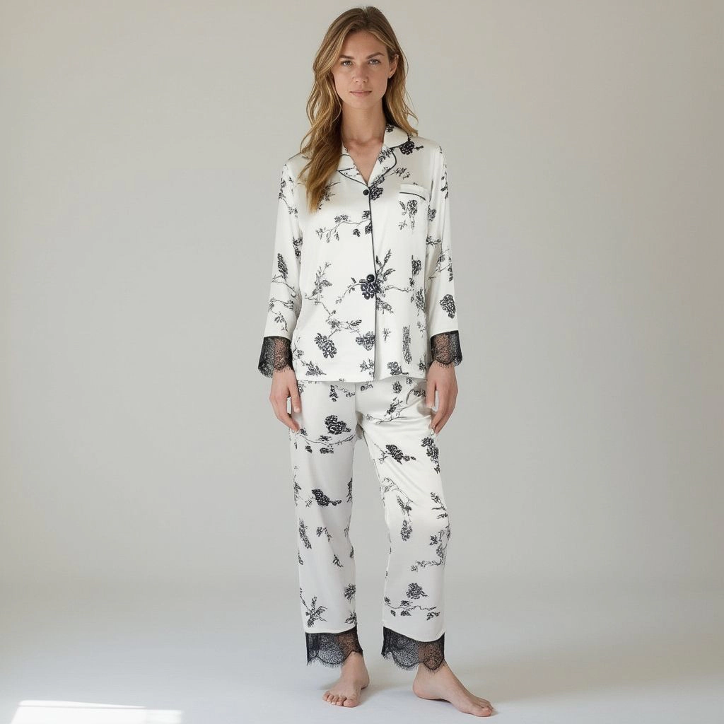 Anna-Kaci Women's Satin Pajama Set with Floral Print and Lace Trim Cuffs Hem