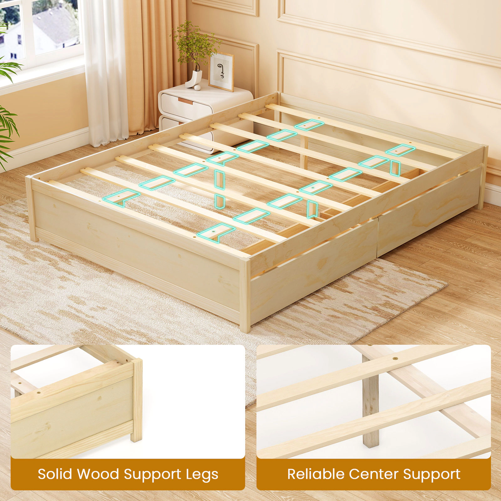 SUGIFT Queen Size Bed Frame with 2 Rolling Storage Drawers 300-lb Capacity 83-in Long Natural/White