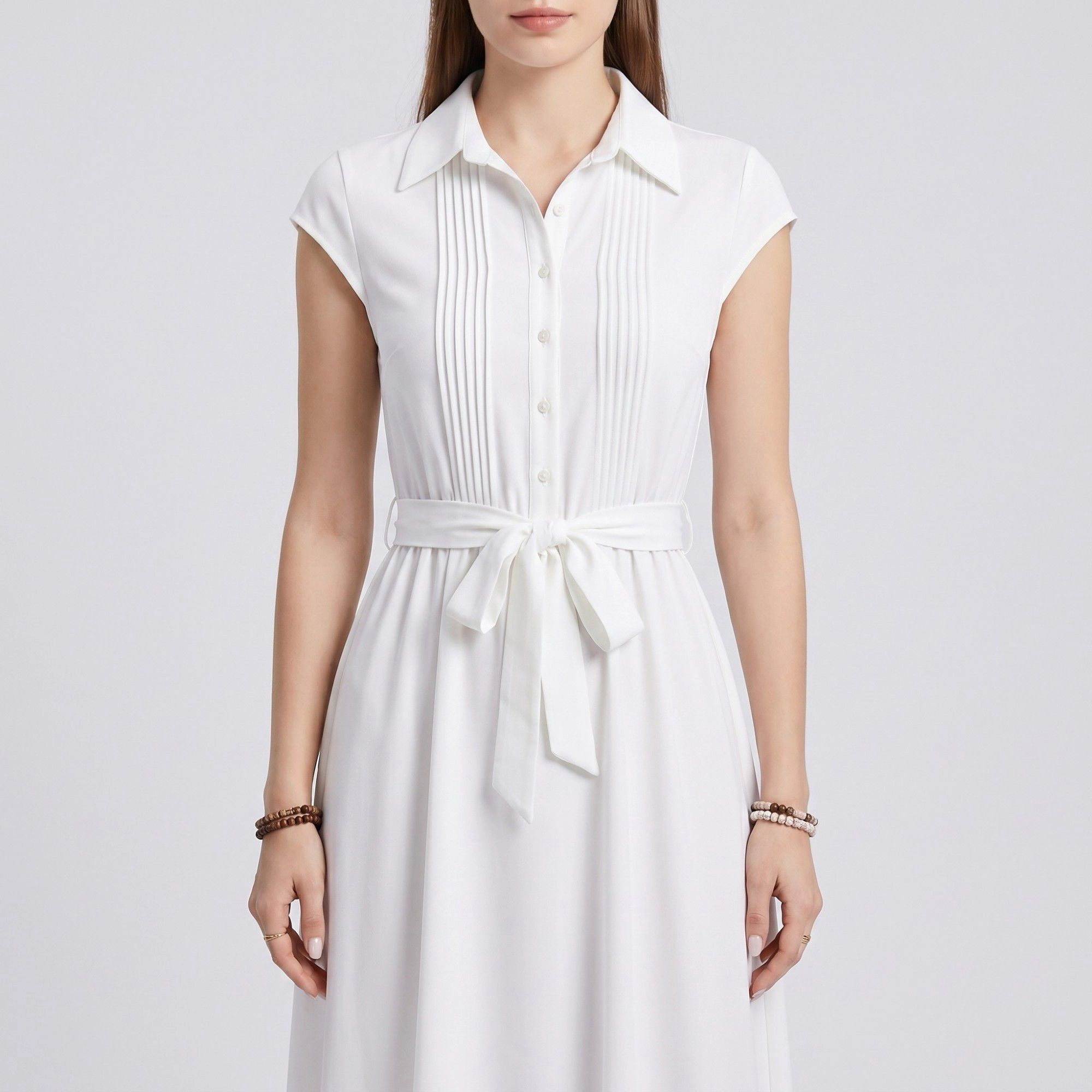 Anna-Kaci Women's Collared Button Front Cap Sleeve Midi Pintuck Bodice Tie Waist Shirt Dress