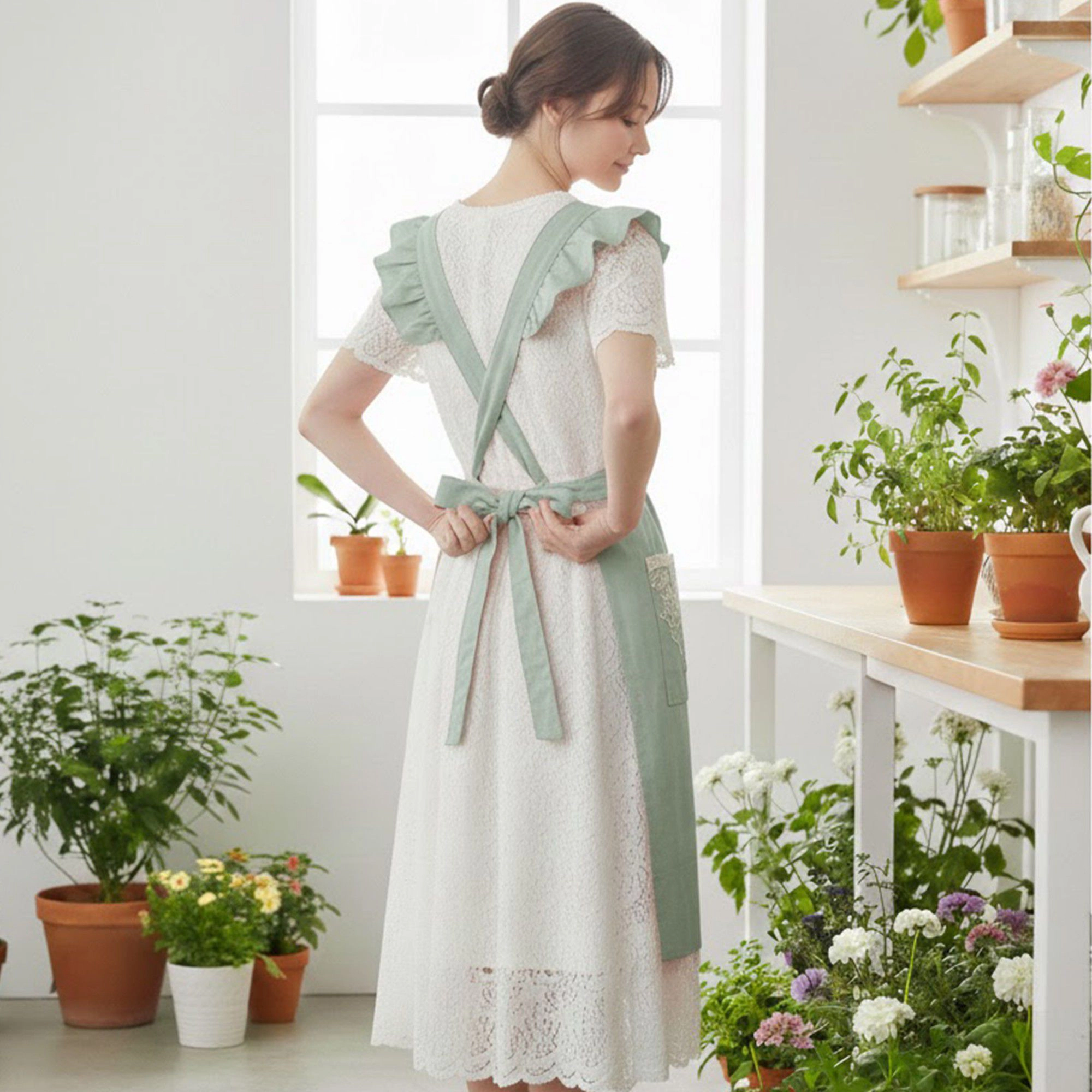 Alilang Unisex Lace Trim Ruffle Kitchen Apron with Embroidered Bib Detail Dual Front Pockets and Adjustable Waist Ties