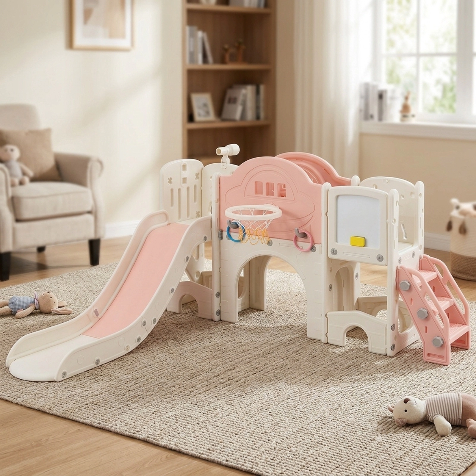 10-in-1 Toddler Slide Climber Playset 60-in Slide Magnetic Whiteboard Basketball Hoop and Crawl Tunnel Ages 3+ Pink
