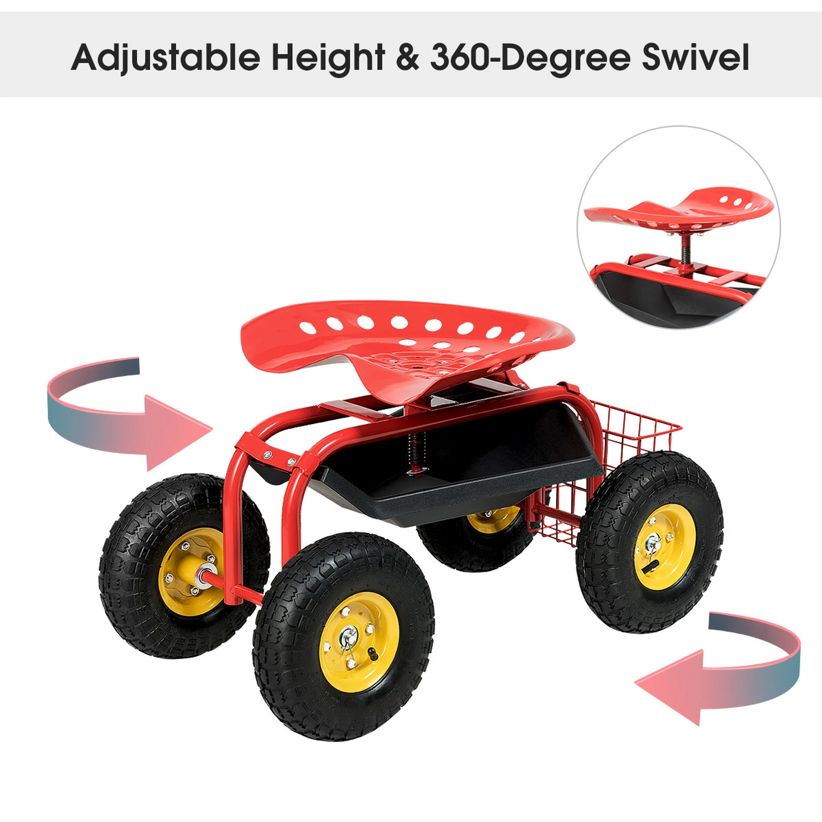 SUGIFT Rolling Garden Work Seat Cart with Adjustable 360-Degree Seat 330-lb Capacity with Tool Tray and Basket Red
