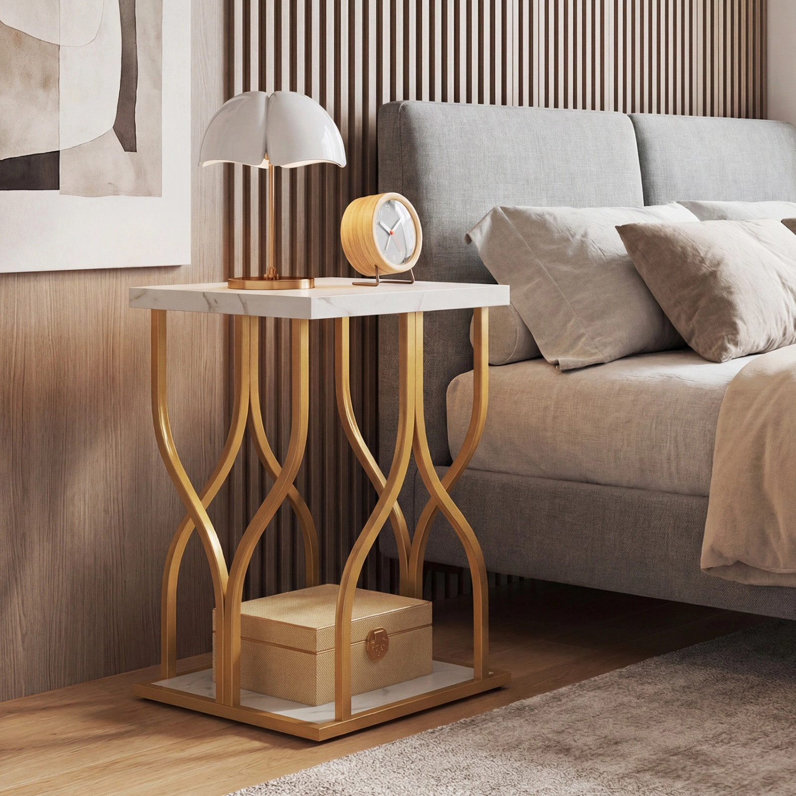 SUGIFT Faux Marble Bedside Night Stand with Petal-Inspired Metal Frame 100-lb Top Capacity White & Gold