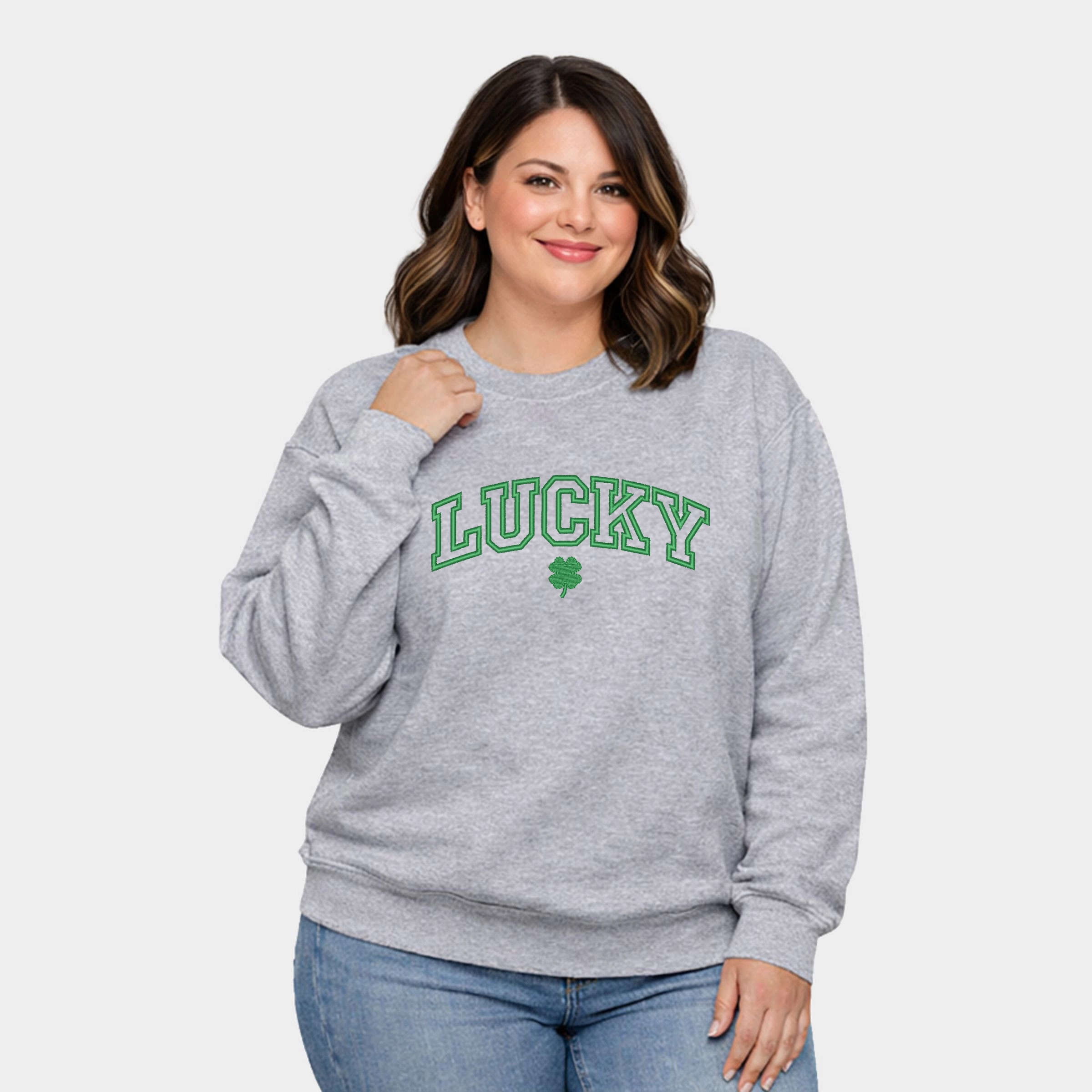 Simply Sage Market - Embroidered Lucky Varsity Clover  Women's Plus Sized Graphic Sweatshirt