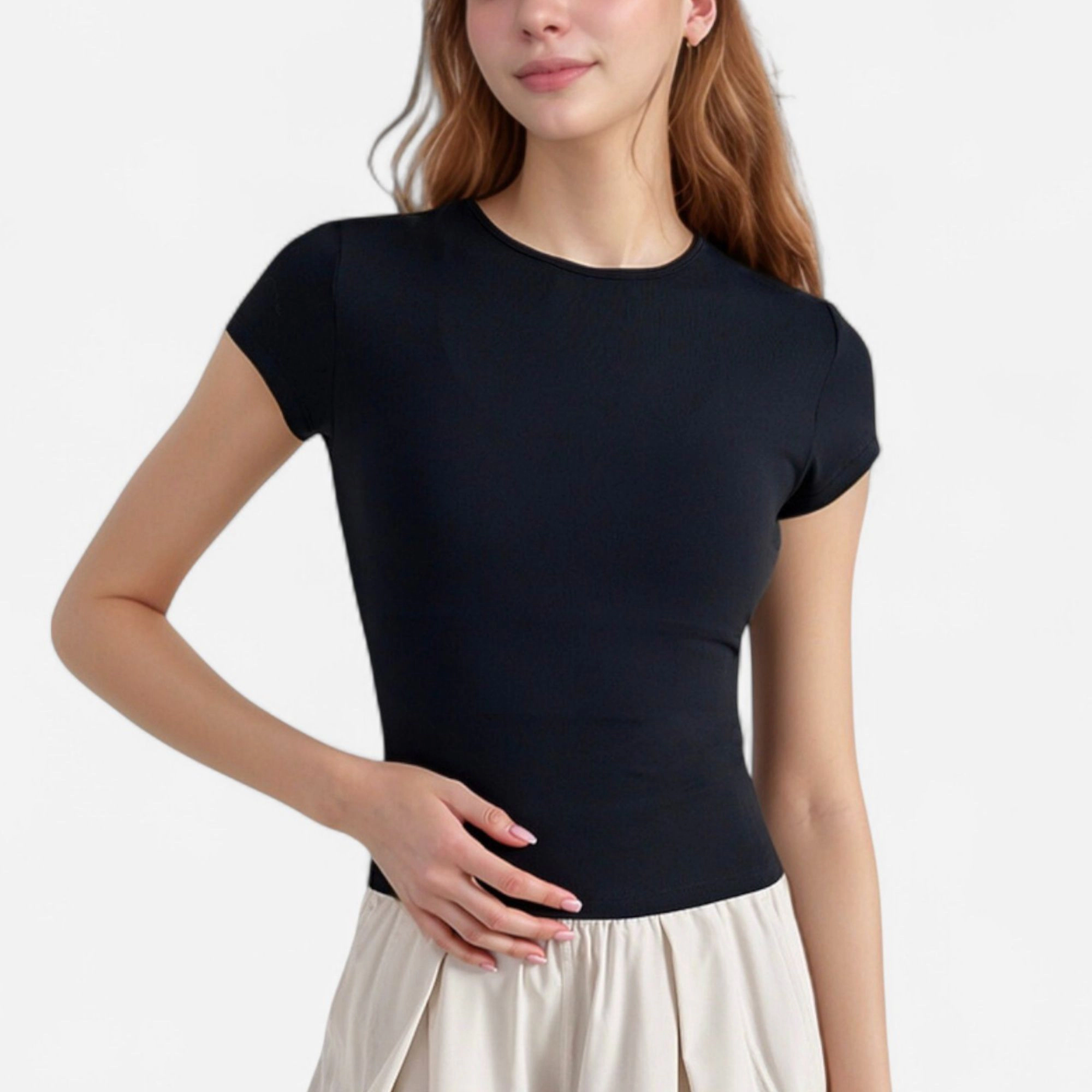 Anna-Kaci Women's Short Sleeve Fitted Crew Neck Top with Stretch Fabric for a Sleek and Comfortable Everyday Look